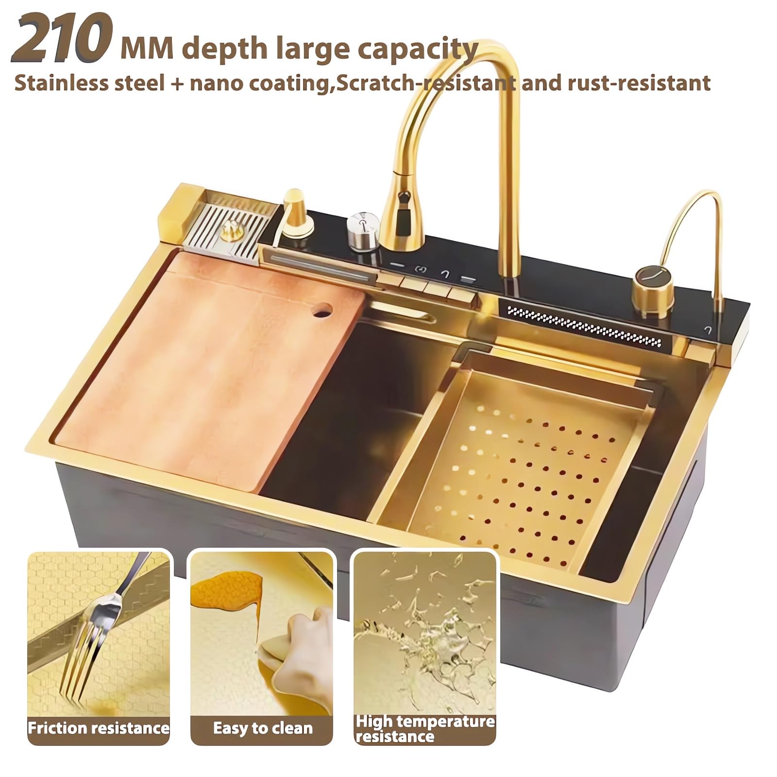 Fregadero viral multifuncional 80x45 CM, Fregadero inteligente cascada, Fregadero con escurridor cocina, Un lavatorio de cocina adecuado para la cocina y el restaurante (oro, 80X45CM)