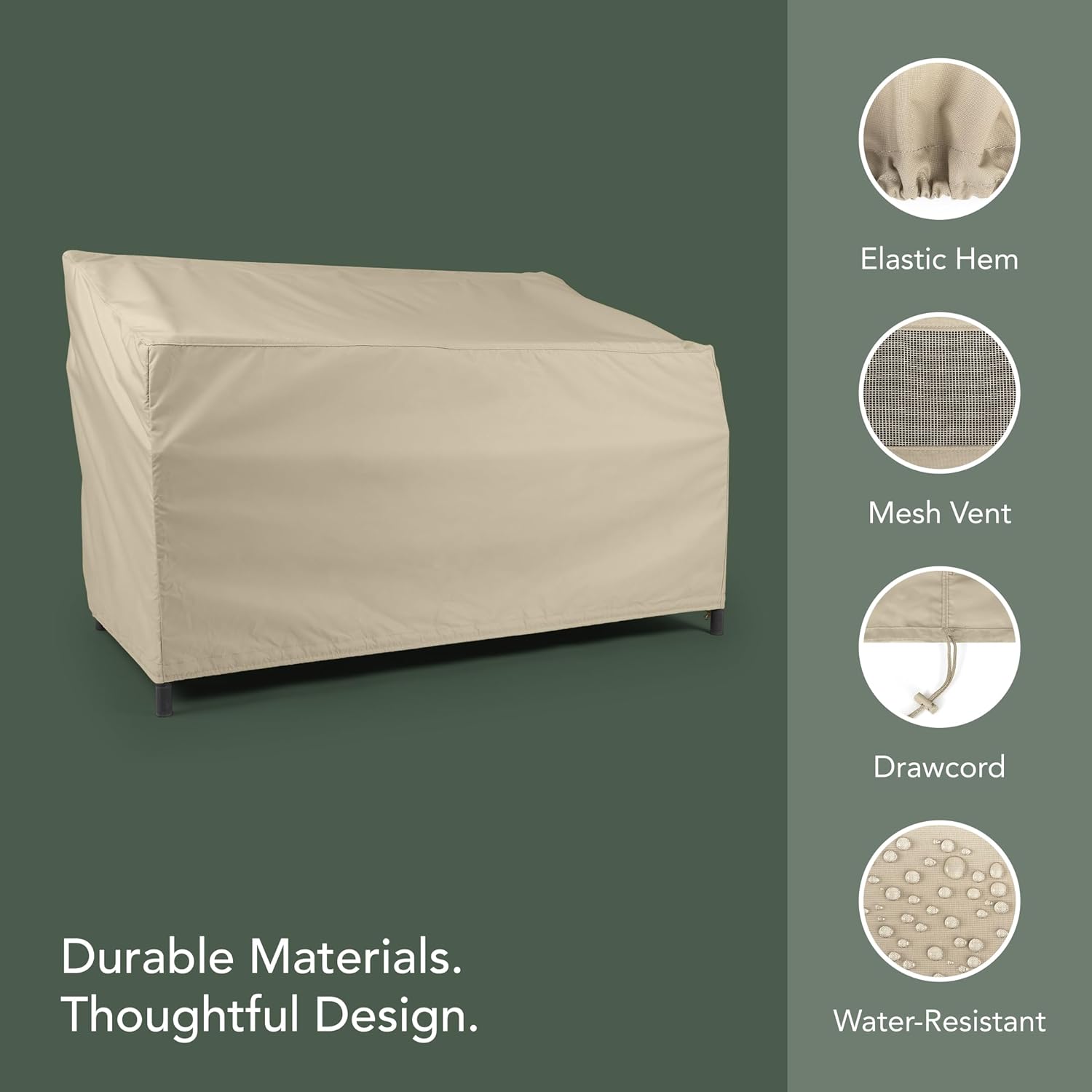 Covermates Elite Outdoor Patio Sofa Cover – Water-Resistant 300D Polyester, Double-Stitched Seams, Elastic Hem, Auto-Locking Drawcord & Mesh Vent for Moderate Weather, 123W x 34D x 34H, Khaki