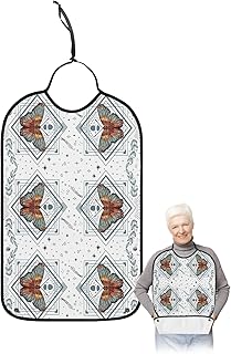 Kewadony Adult Bibs for Elderly Women - Butterfly Waterproof Dining Clothing Protectors with Crumb Catcher for Eating/Feeding, Grey Line Geometric Hand Draw Leaf Star Terry Cloth Bib Machine Washable