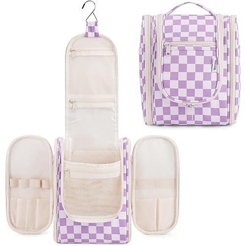 Narwey Small Checkered Hanging Travel Toiletry Bag for Women, Travel Bag for Toiletries, Makeup Bag Organizer Cosmetic Bags Make Up Bags for Women (Purple Checkerboard)