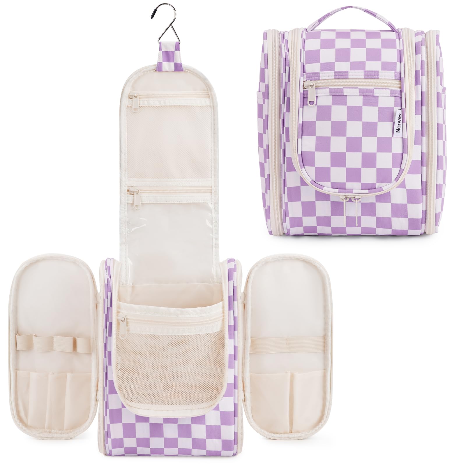 Narwey Small Checkered Hanging Travel Toiletry Bag for Women, Travel Bag for Toiletries, Makeup Bag Organizer Cosmetic Bags Make Up Bags for Women (