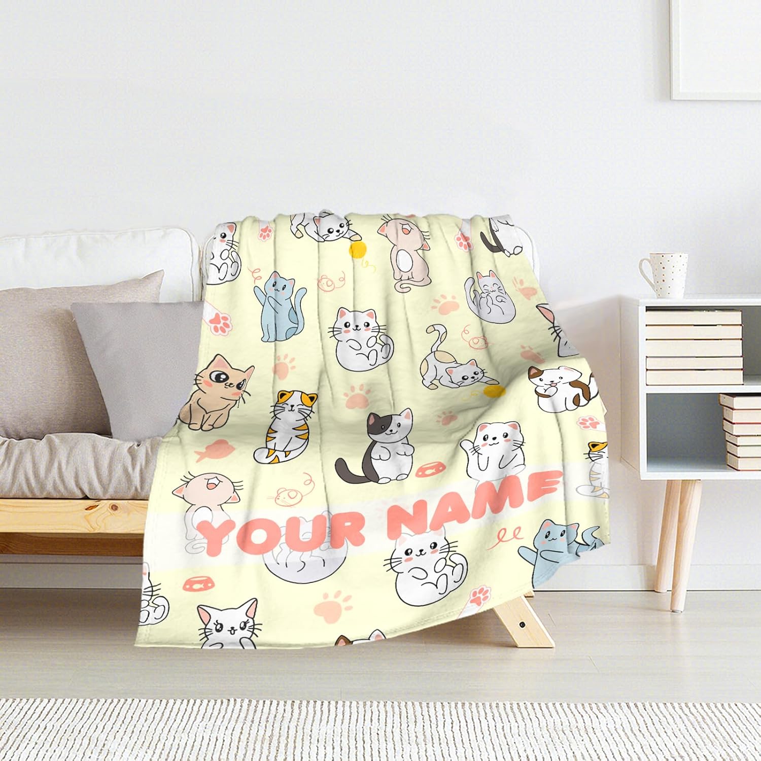 Personalized Cat Stuff for Girls - 40" x 50" Inches Cat Throw Blanket for Girls Kids - Cute Lightweight Cozy Flannel Blankets for Crib, Couch, Sofa