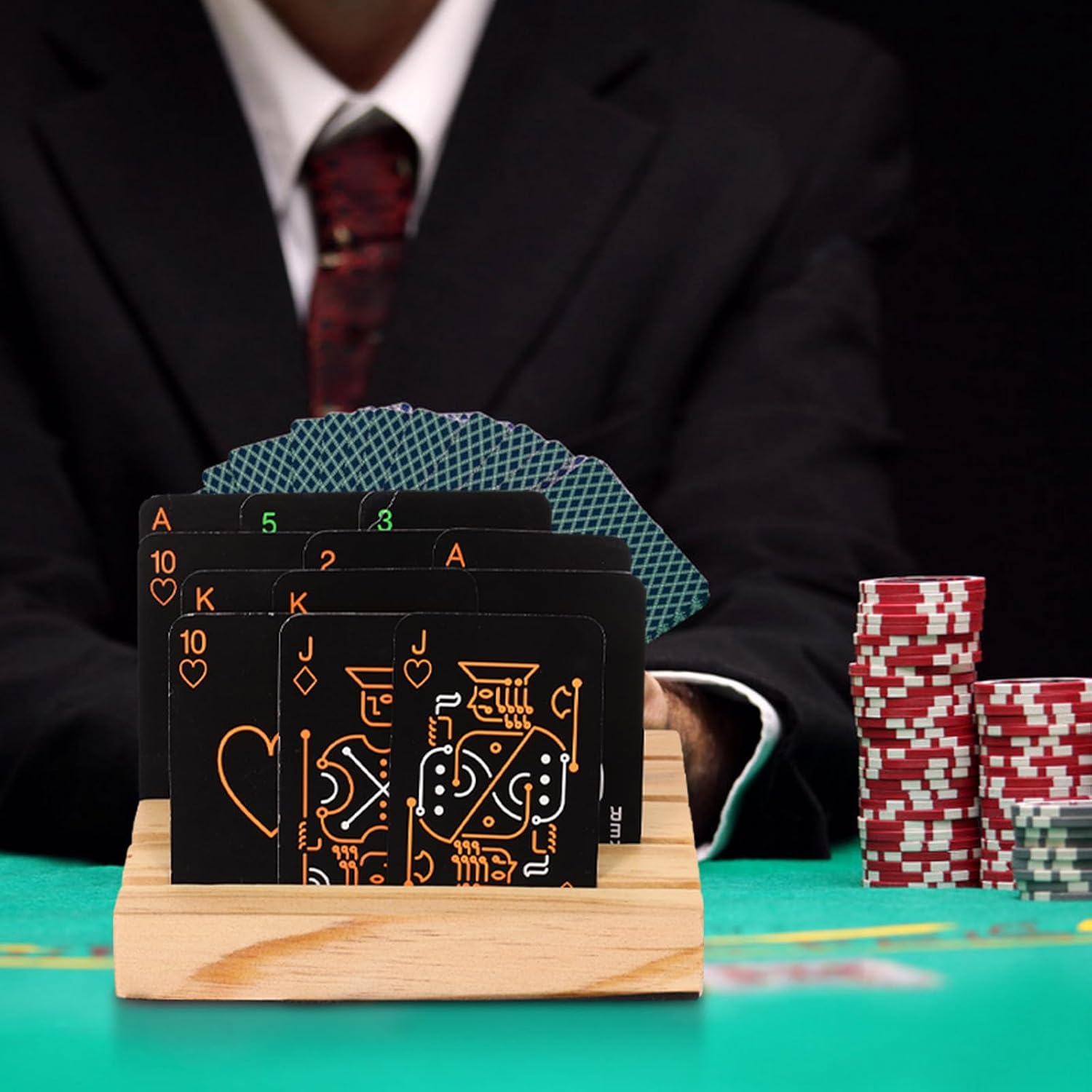 Wooden Game Card Stand with Multiple Slots and Extra-Wide Racks Pine Wood Hands-Free Card Display Holder and Gaming Accessories