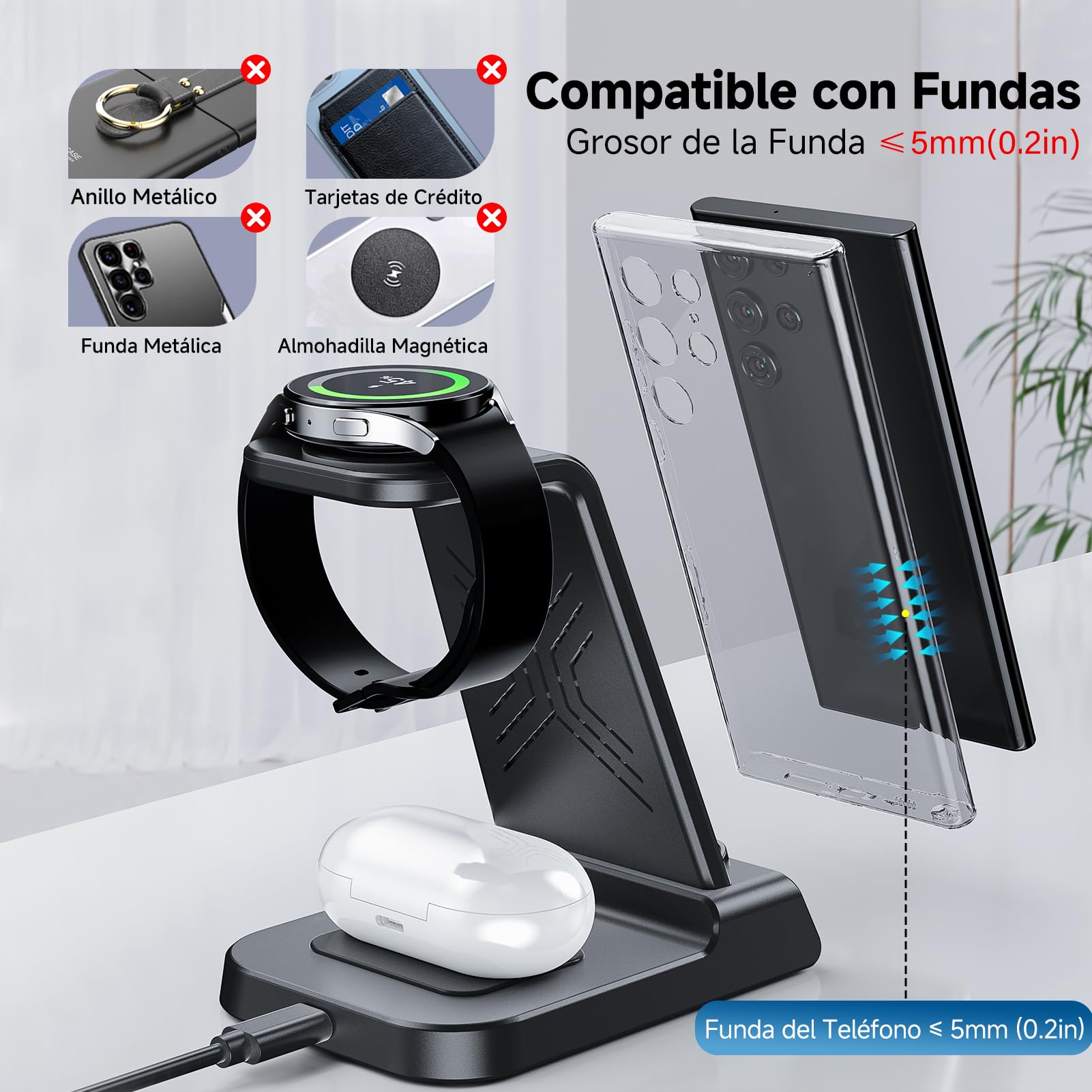 Cargador Inalámbrico para Samsung S26 Ultra, Estación de Carga Inalámbrica 3 en 1 para Galaxy S26+/S25 Ultra/S24/S23/Z Flip 7/Fold 6, Base de Carga para Galaxy Watch 8/Ultra/7/6, Buds 3 (No Adapter)