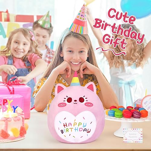 Miniatura 3 de Officygnet Peluche de gato de cumpleaños, suave y lindo, almohadas de felpa de gato, muñeca de peluche Kawaii de ojos grandes para niños y niñas,