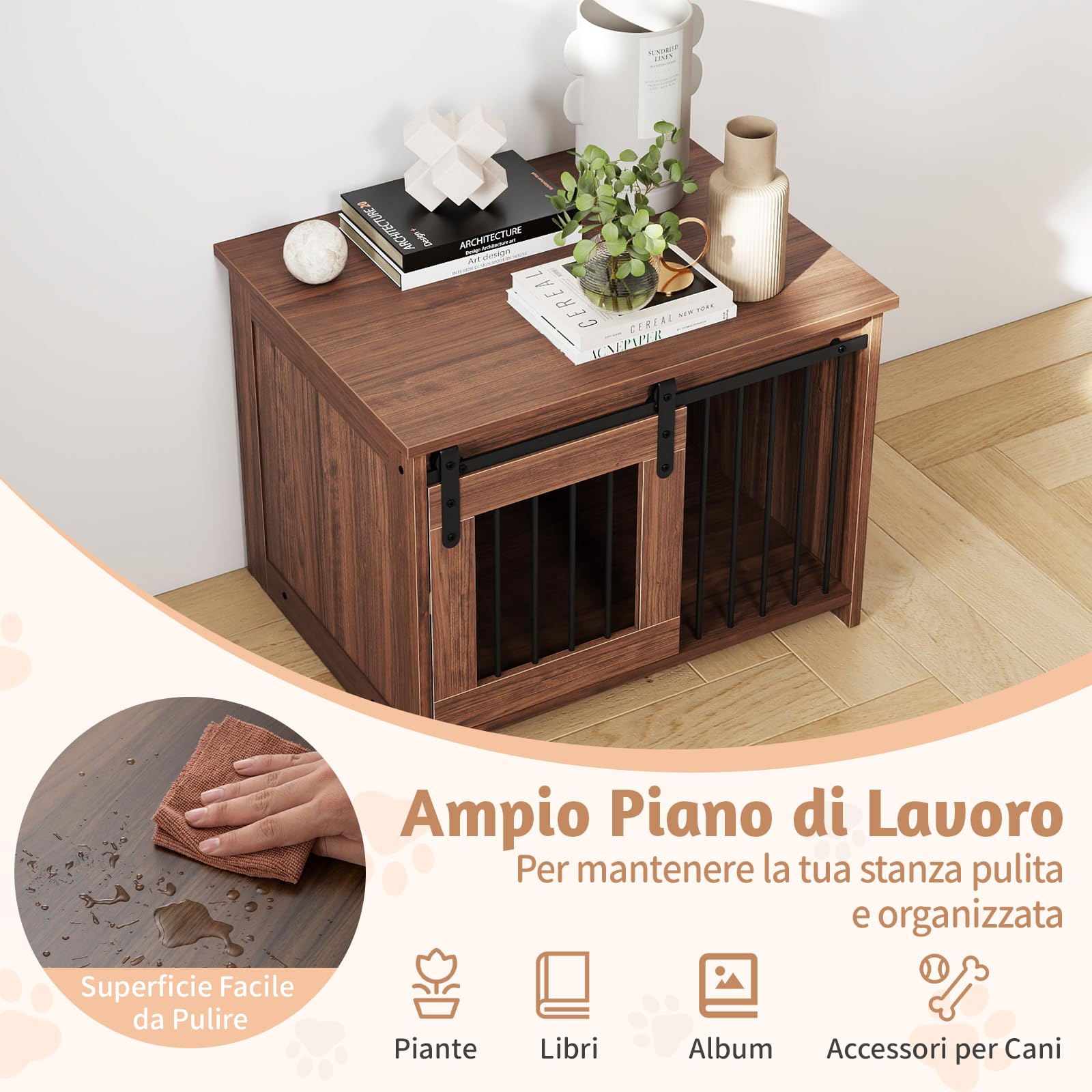 COSTWAY Cuccia per Cani da Esterno ed Interno, Gabbia in Legno con Ampio Piano Superiore, Porta Scorrevole, Tubi in Metallo Resistenti alla Masticazione, Casetta per Cani Piccoli e Medie (Marrone)
