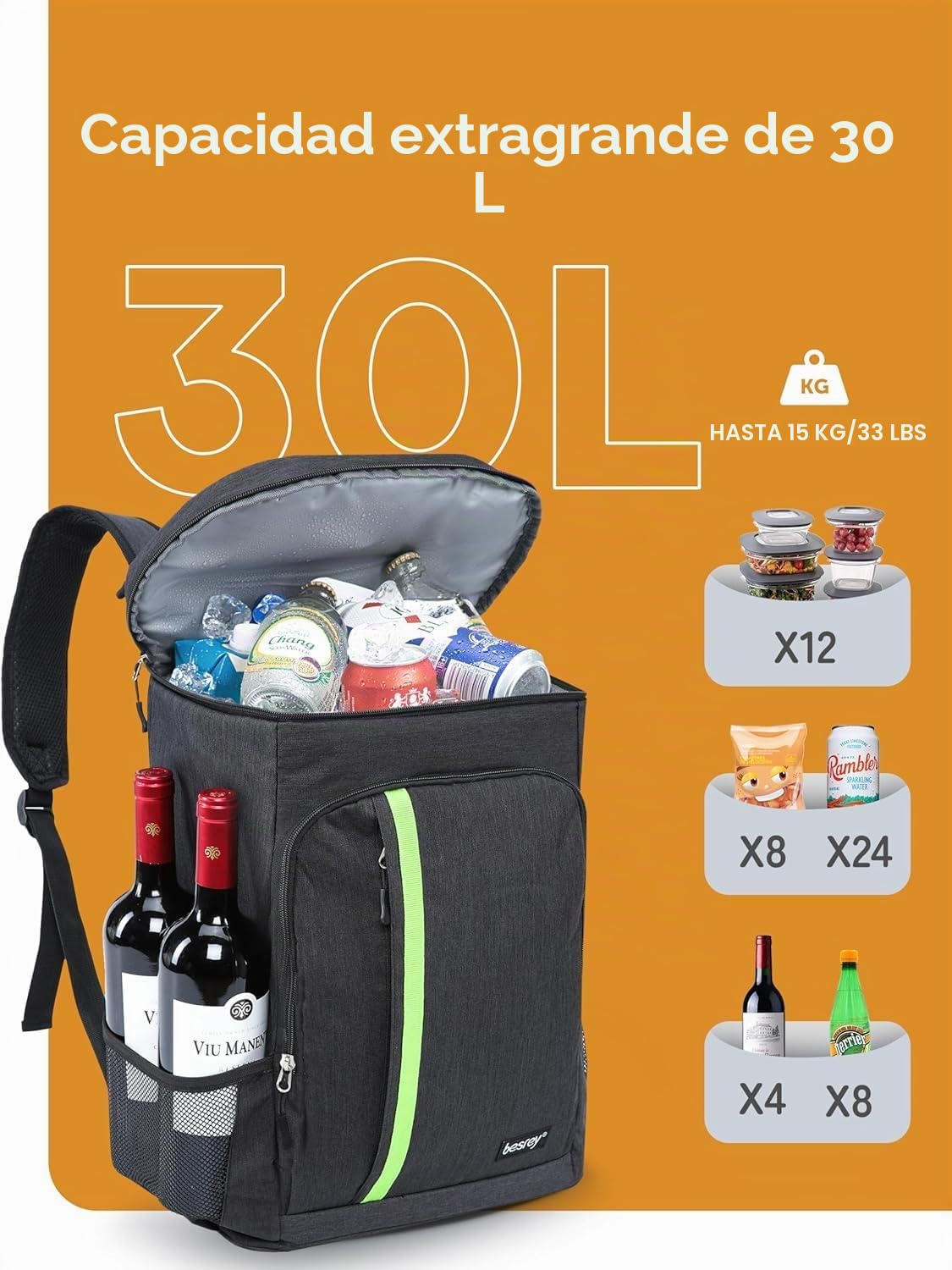 Besrey - Mochila térmica de 30 litros, Bolsa térmica, Mochila isotérmica, portaalmuerzos, Mantiene los Alimentos Calientes o fríos. para Camping, pícnic, Barbacoa, Eventos (Negro)