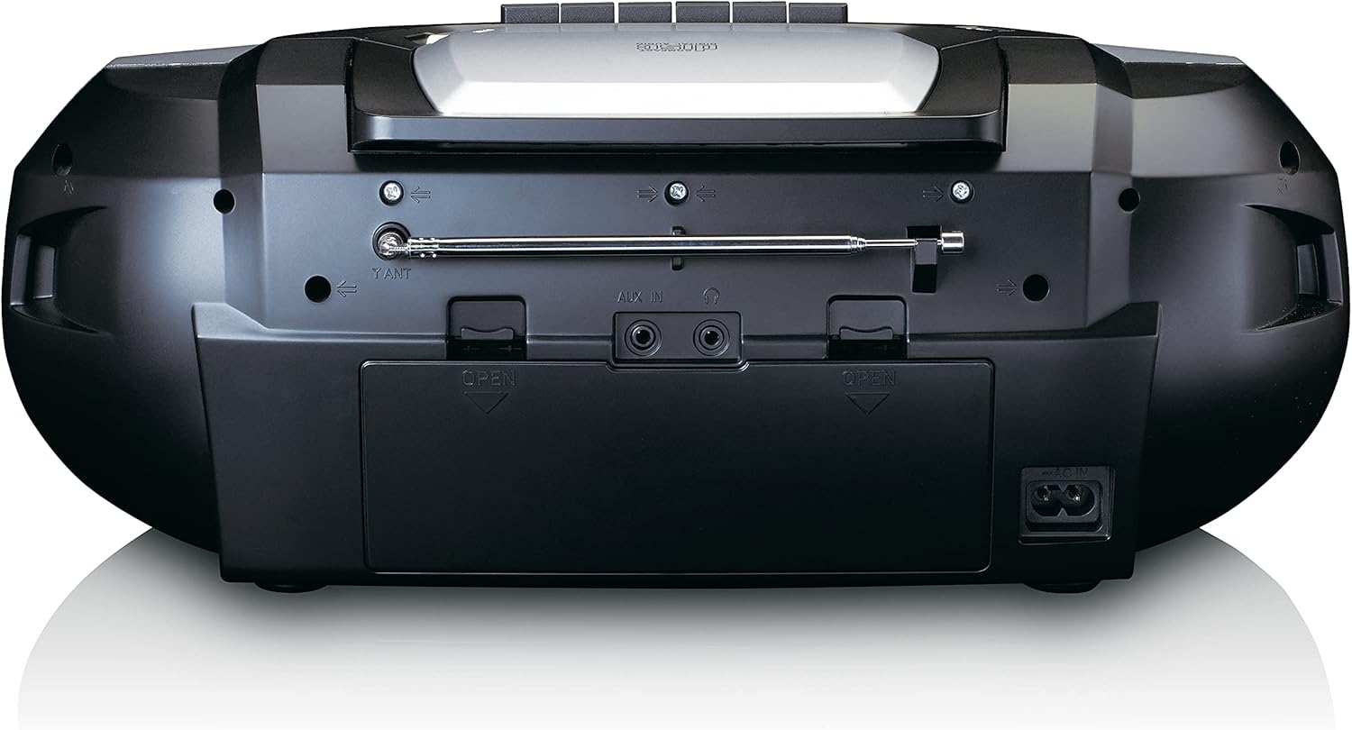 Арткы view of the Lenco SCD-720 Boombox showing the telescopic antenna, AUX input, headphone jack, and AC power input.