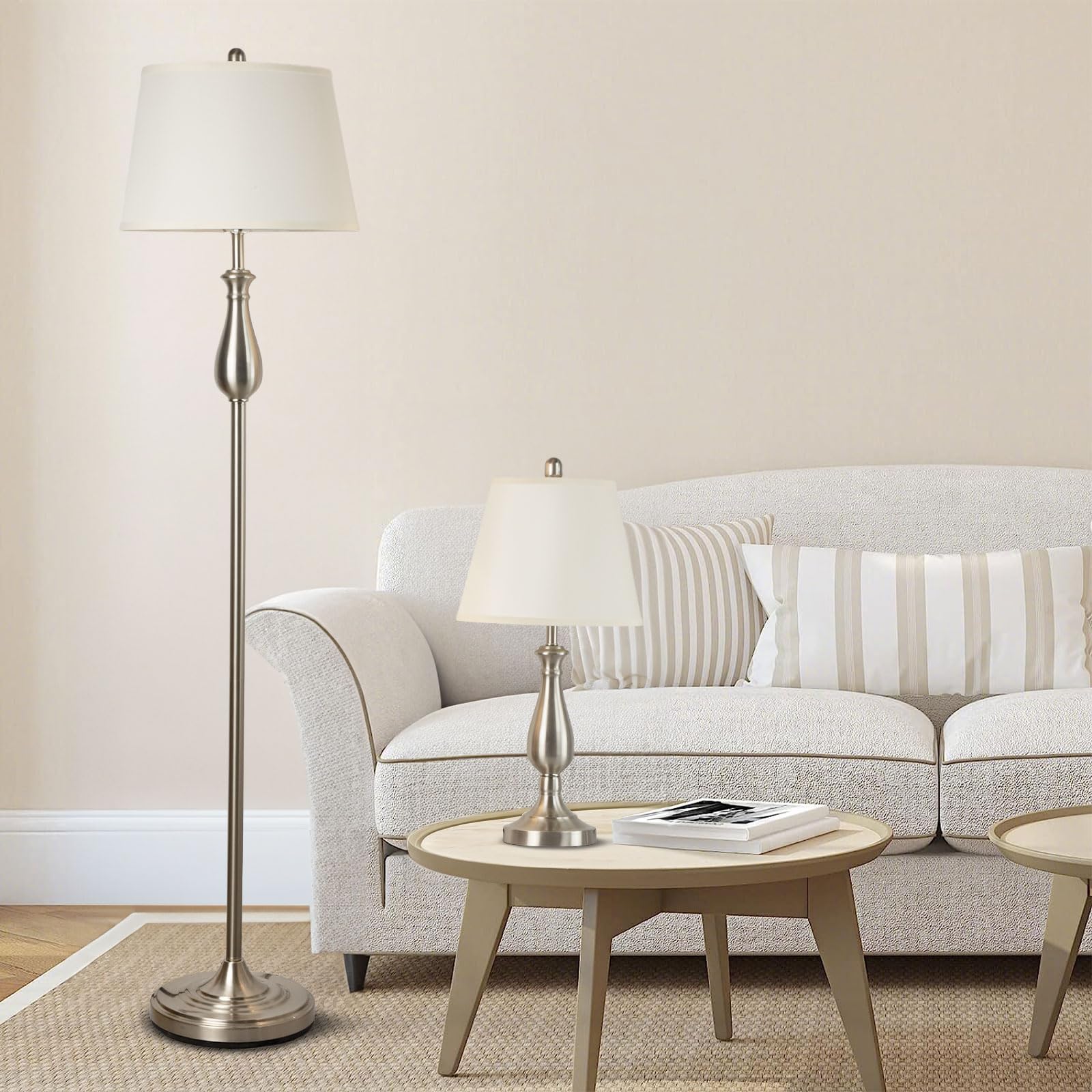 Depuley 3 Piece Floor Lamp Sets, Metal Table Lamps and Floor Lamps, Traditional Lamp Set of 3 with White Linen Soft Fabric Lamp Shade for Living Room Bedroom Study Room,Sliver (9W Bulb Included)