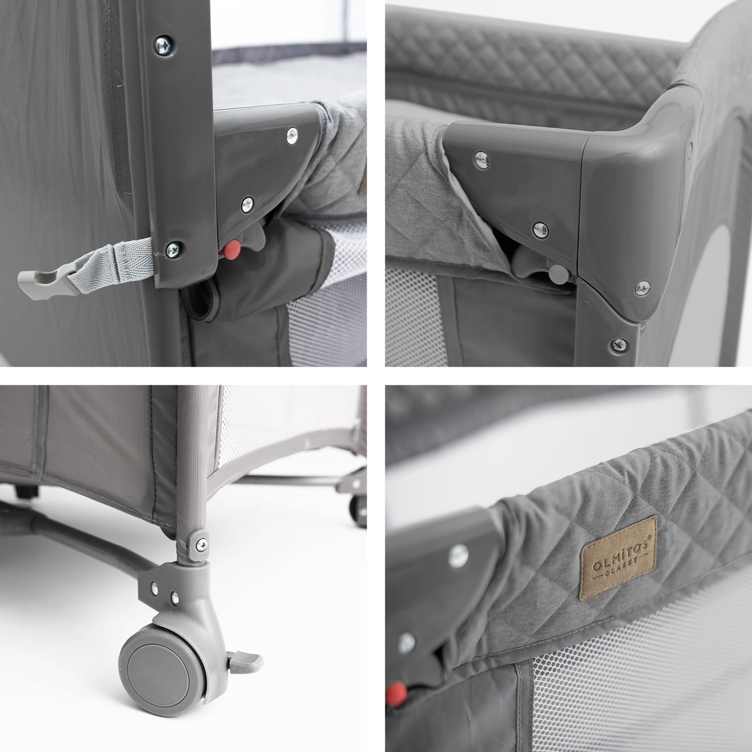 Olmitos - Cuna colecho de Viaje, Parque Infantil y Cuna clásica 3 en 1 - Plegable 2 Alturas con Buena circulación de Aire – Entrada Lateral y Ruedas con Freno - Incluye Bolsa Viaje (Gris)
