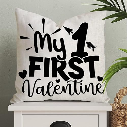 Funda de almohada con texto en inglés My First Valentine romántica funda de cojín para el día de San Valentín decoración del hogar sofá sala de
