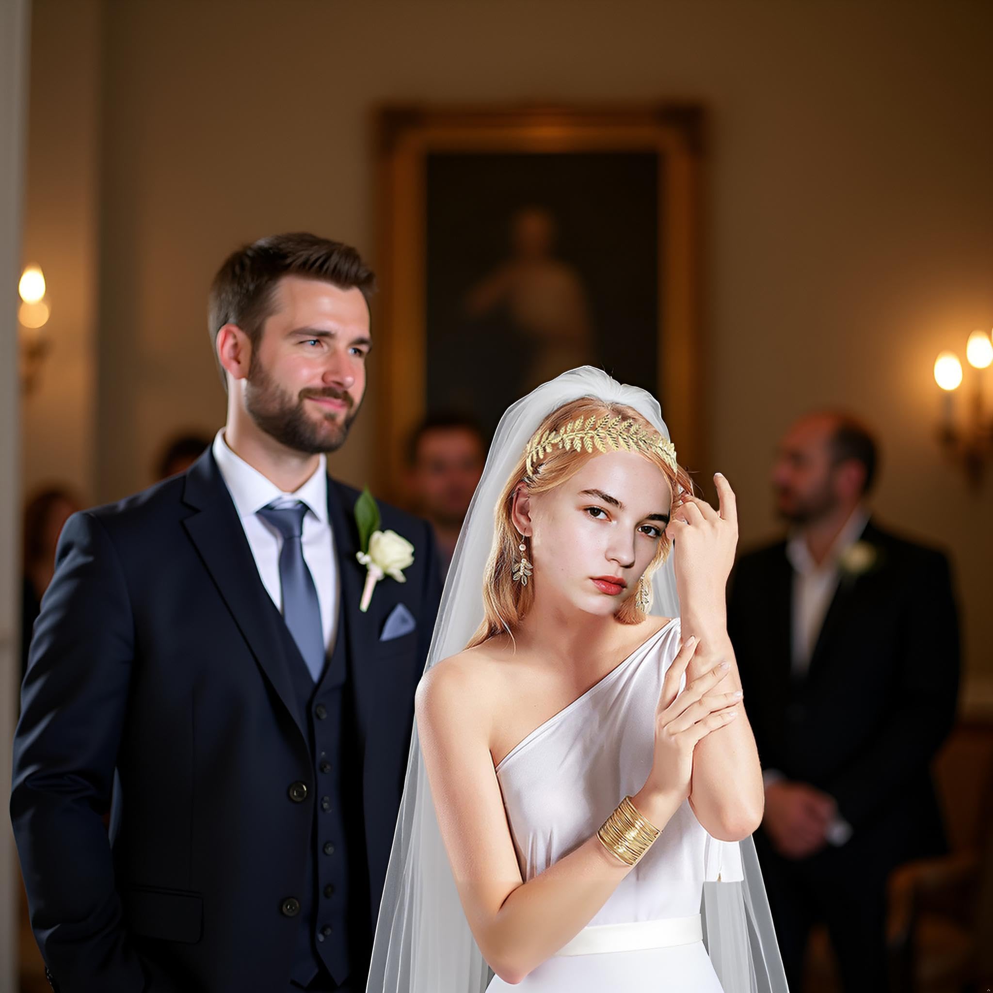 6 Pieces Greek Goddess Accessories Costume Set for Women – Gold Leaf Bridal Crown, 2 Side Combs, Necklace, Earrings, Arm Cuff& Bracelet – Toga Party, Wedding, Cosplay