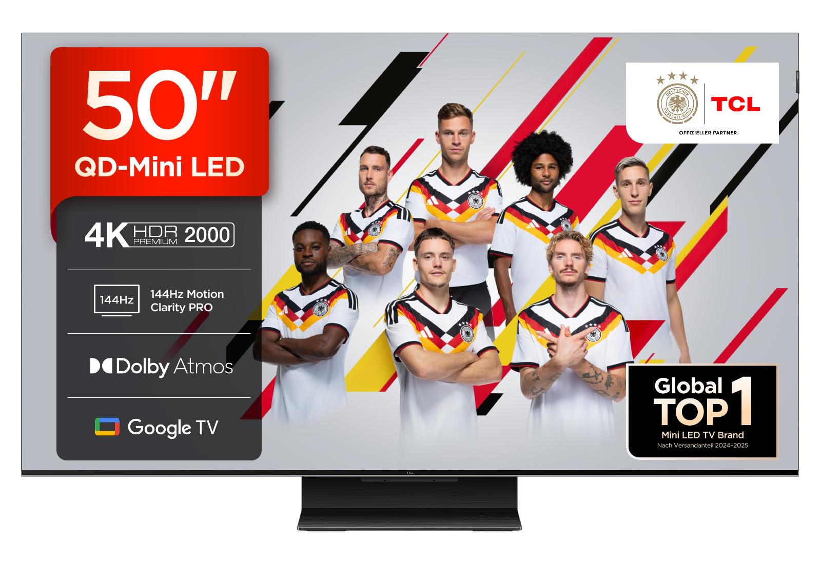 TCL 50Q7C 50 Zoll QD-Mini LED Fernseher, 4K HDR Premium 2000, Smart TV unterstützt durch Google TV (Dolby Vision IQ & Atmos, HVA-Panel, 144Hz Motion Clarity Pro, Freihändige Sprachsteuerung)