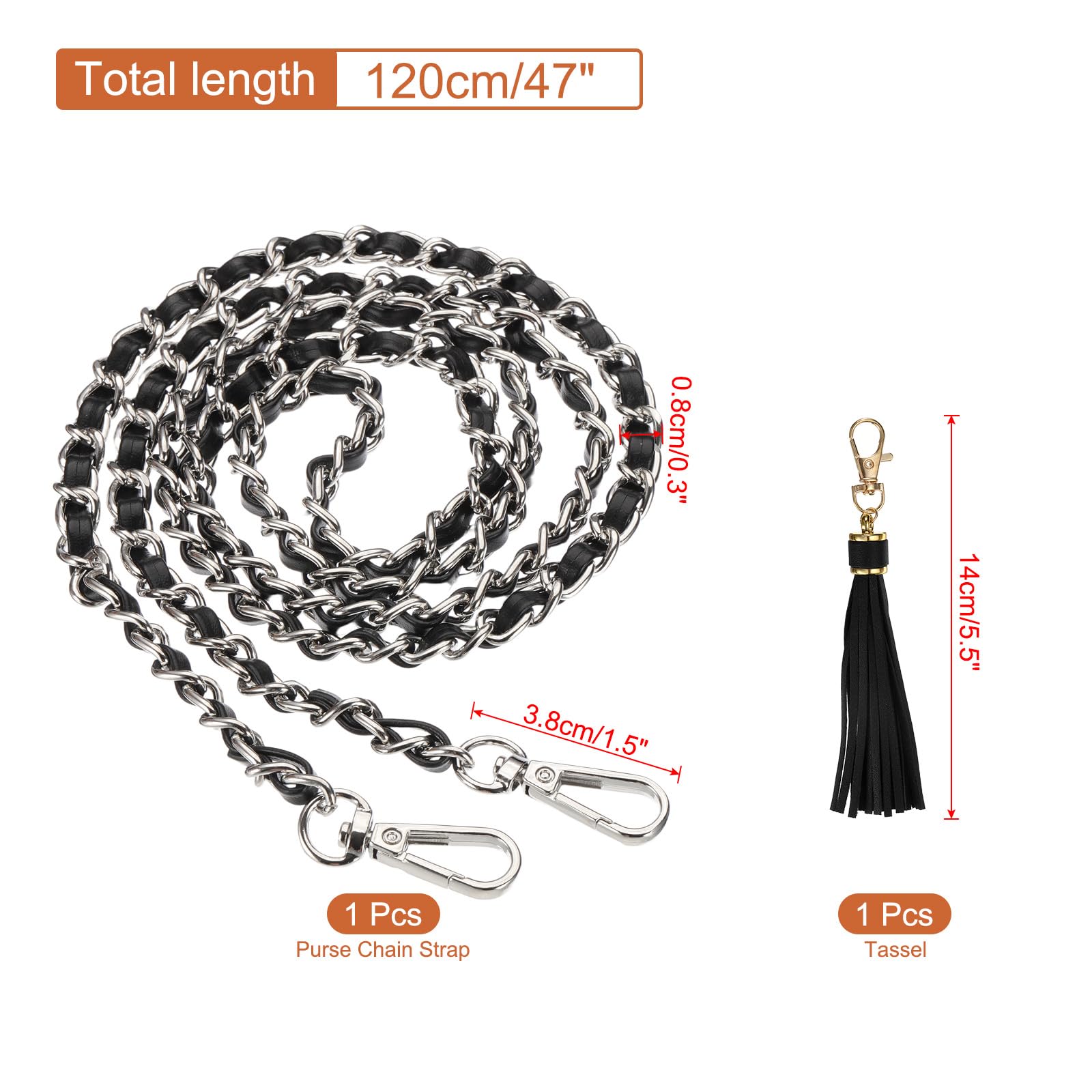 PATIKIL Purse Chain Strap, 47 Inch Leather Chain Purse Strap Replacement with Tassel for Crossbody Bag Handbag Woman Black/Silver - Image 2