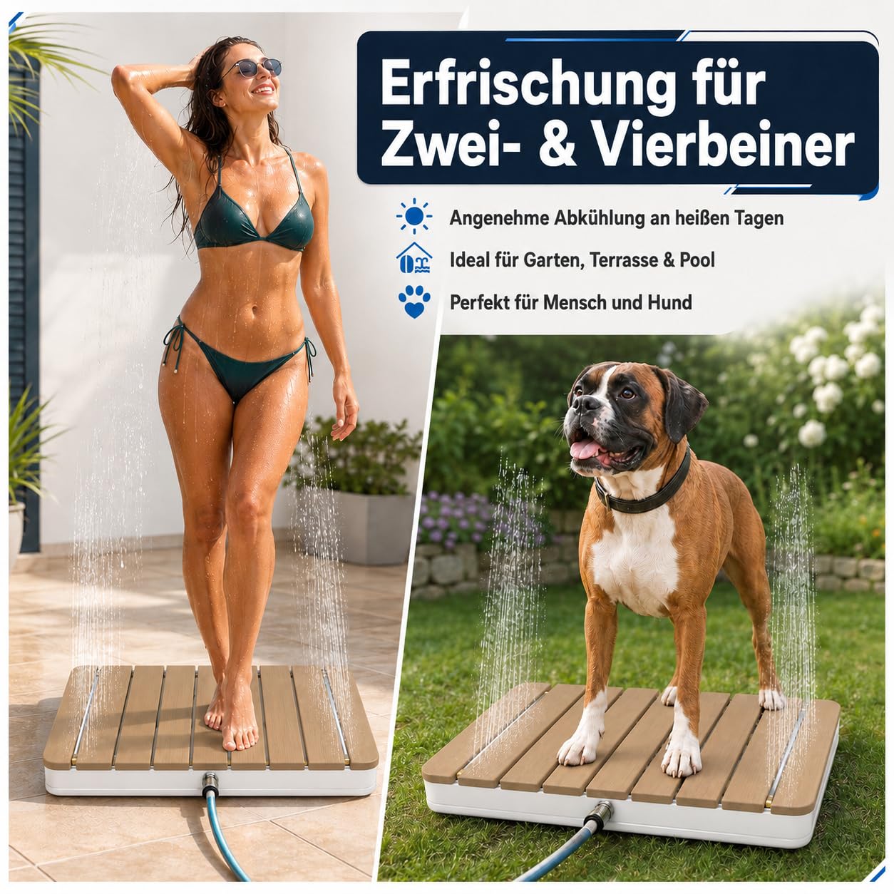 @tec Gartendusche, 70 x 55 cm, Bodendusche für Garten, Pool & Camping, WPC-Bodenplatte mit 22 Fontänen, Fußventil mit Stellrad, 3/4-Zoll Schlauchanschluss, mobil, bis 120 kg