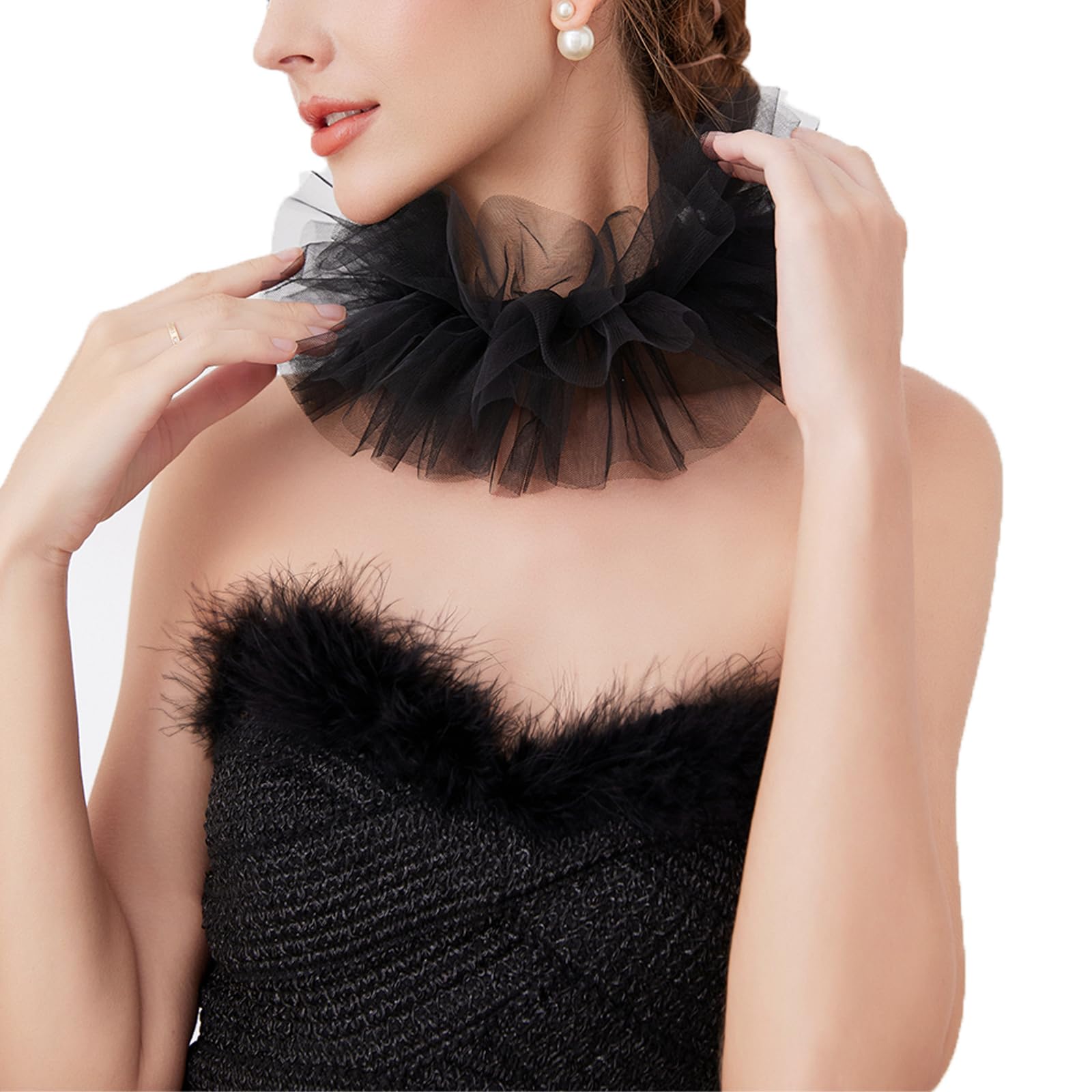 XEPST Clown Tulle Ruffled Collar, Renaissance Victorian Neck Ruffle Collar for Halloween Renaissance Costume Cosplay - Black