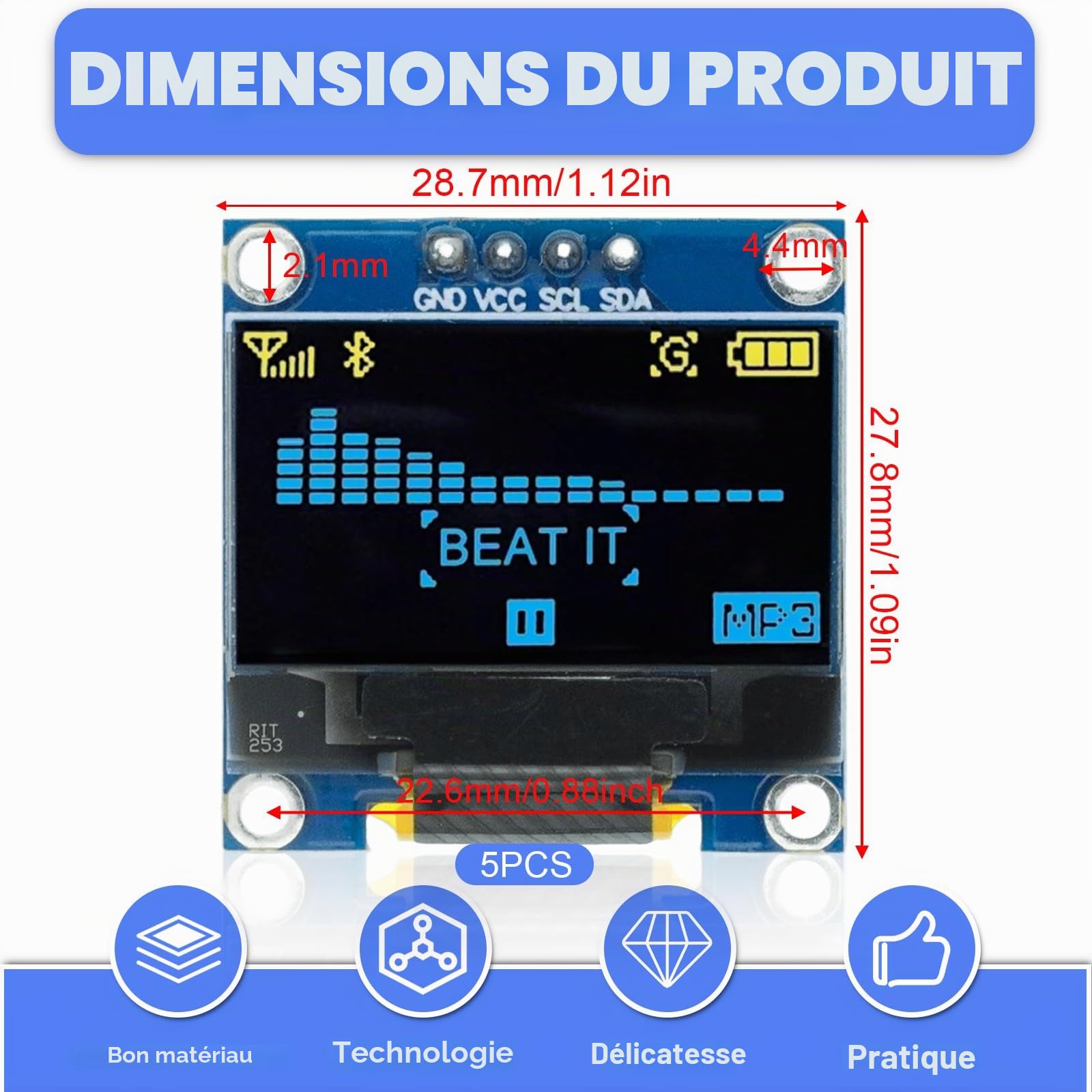 Lot de 5 écrans OLED, 0,96 ", 128 x 64 pixels OLED Display Driver, OLED Display Serial Auto-luminescent, Module d'affichage OLED IIC (jaune et bleu)