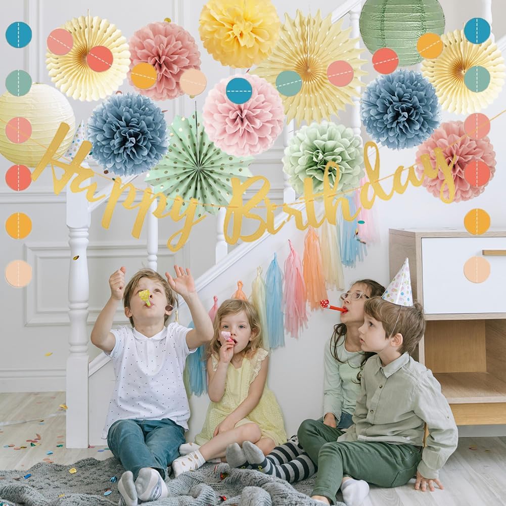 Pastel Birthday Decorations Retro Boho Rainbow Party Decor with Happy Birthday Banner Sage Green Dusty Pink Blue Yellow Cream Paper Pom Poms Paper Lanterns for Women Girls Boys