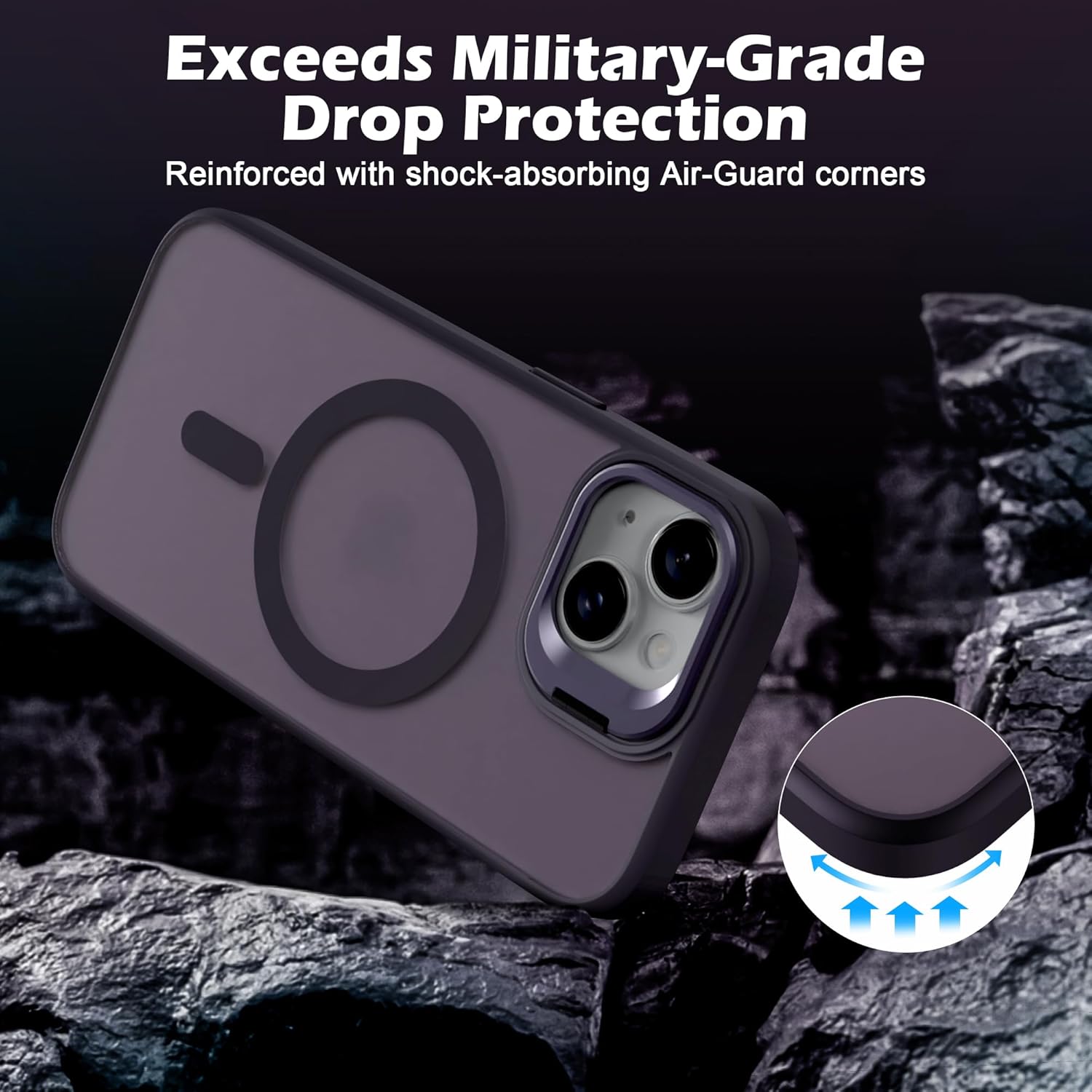 IDweel for iPhone 15 Case with Screen Protector & Camera Lens Protector,Compatible with MagSafe,Built-in Camera Stash Stand,Magnetic Hard Back Soft Edge Anti-Fingerprint Flexible Cover,Purple