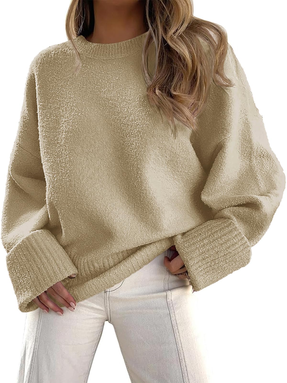 Fisoew Pullover Damen Rundhals Strickpullover Fuzzy Pulli Winter Oversized Sweatershirt Herbst Warm Oberteile Lose