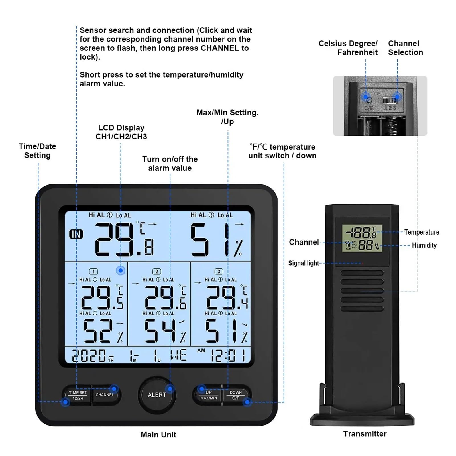 Stazione Meteorologica Professionale Termometro Wireless Digitale For Interni Ed Esterni Igrometro 3 Sensori Remoti Con Calendario Del'orologio Di Avviso Preciso Veloce Monitoraggio In Tempo Reale