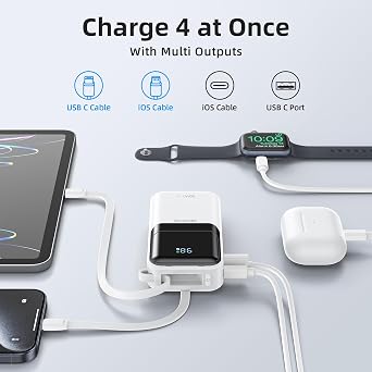 MOKiN Portable Charger, 10000mAh 30W Power Bank Fast Charging, Phone Battery Pack with Built in Cable, 4 Outputs, Travel Compact Powerbank USB C for iPhone iPad Pro MacBook Air Samsung
