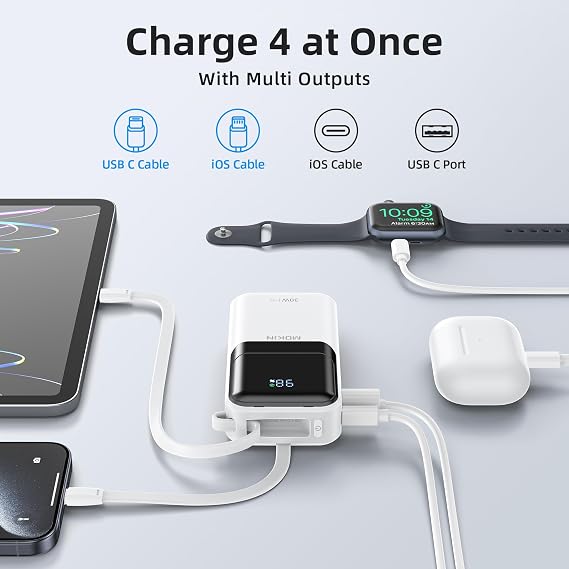 MOKiN Portable Charger, 10000mAh 30W Power Bank Fast Charging, Phone Battery Pack with Built in Cable, 4 Outputs, Travel Compact Powerbank USB C for iPhone iPad Pro MacBook Air Samsung