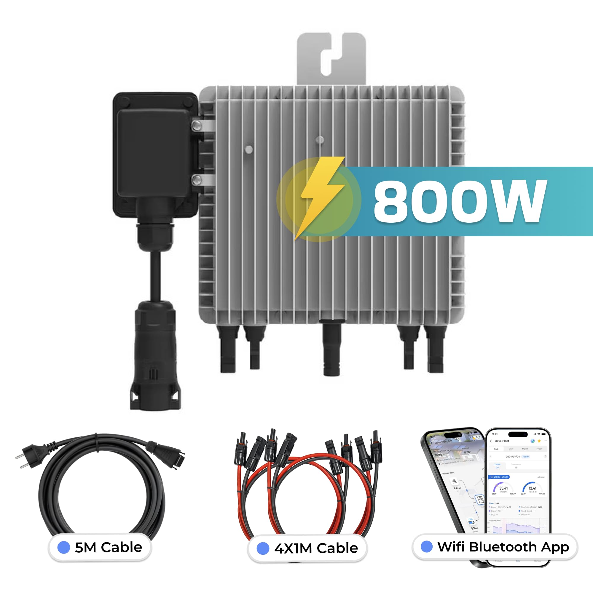 DEYE Mikro-Wechselrichter 800 W SUN-M80G4-EU-Q0 inkl. 5m Anschlusskabel und 4x1m Solarkabel für Balkonkraftwerk, IP67 wetterfest, Plug&Play Installation, 2 MPPT, WiFi, Micro Inverter