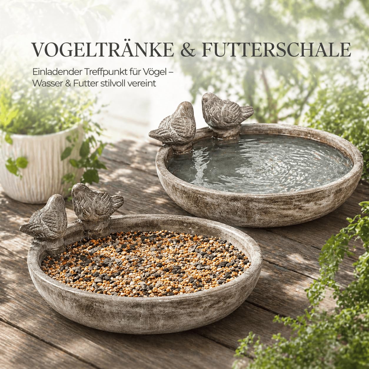 Vogeltränke Vogelbad Gartenvögel Wasserschale Vogeltränke Vogelbecken mit 2 Deko-Vögeln 26 cm rund für Balkon Terrasse Garten Dekoschale Wasserstelle für Wildvögel - 2 Stück