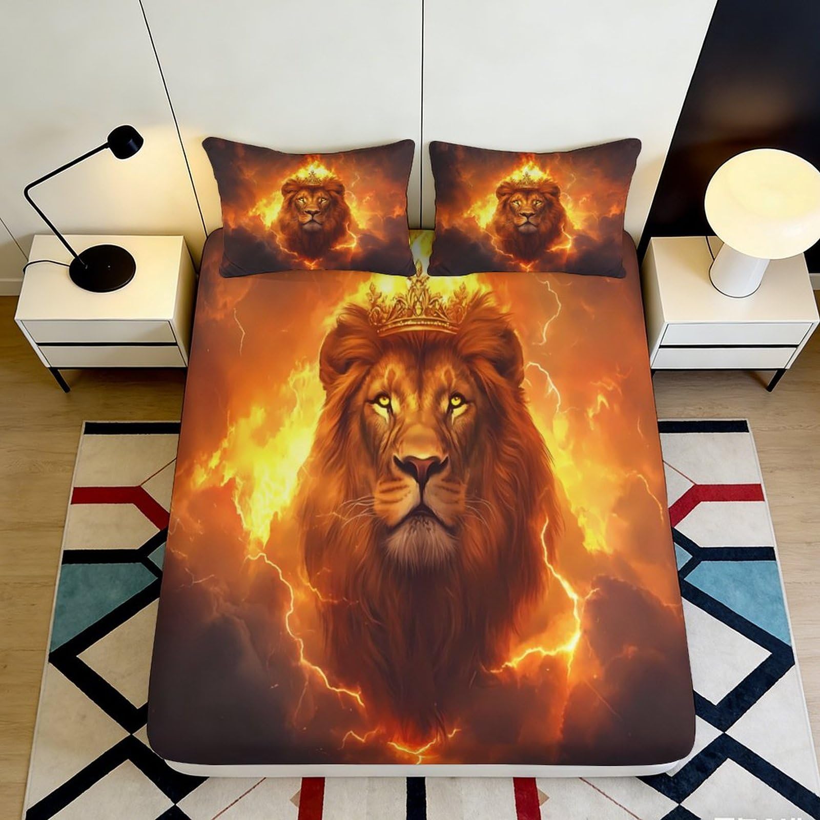 3D Printed Fiery Lion Fitted Sheet Microfiber Soft Durable Lion Head Mattress Cover for Bedroom Dormitory Guest Room Protection Decoration 180x200x25cm