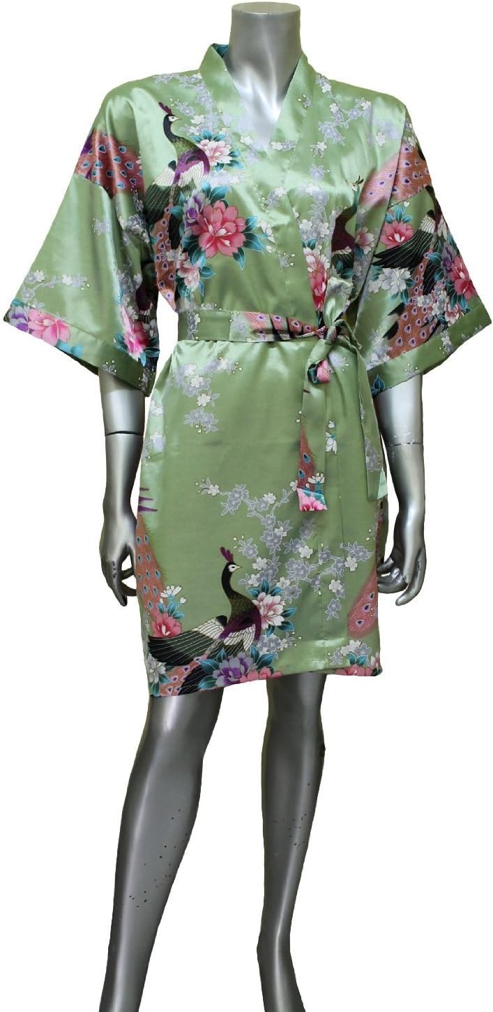 Women's Green Kimono Silk Satin Bath Wrap Robe Peacock Design, Short