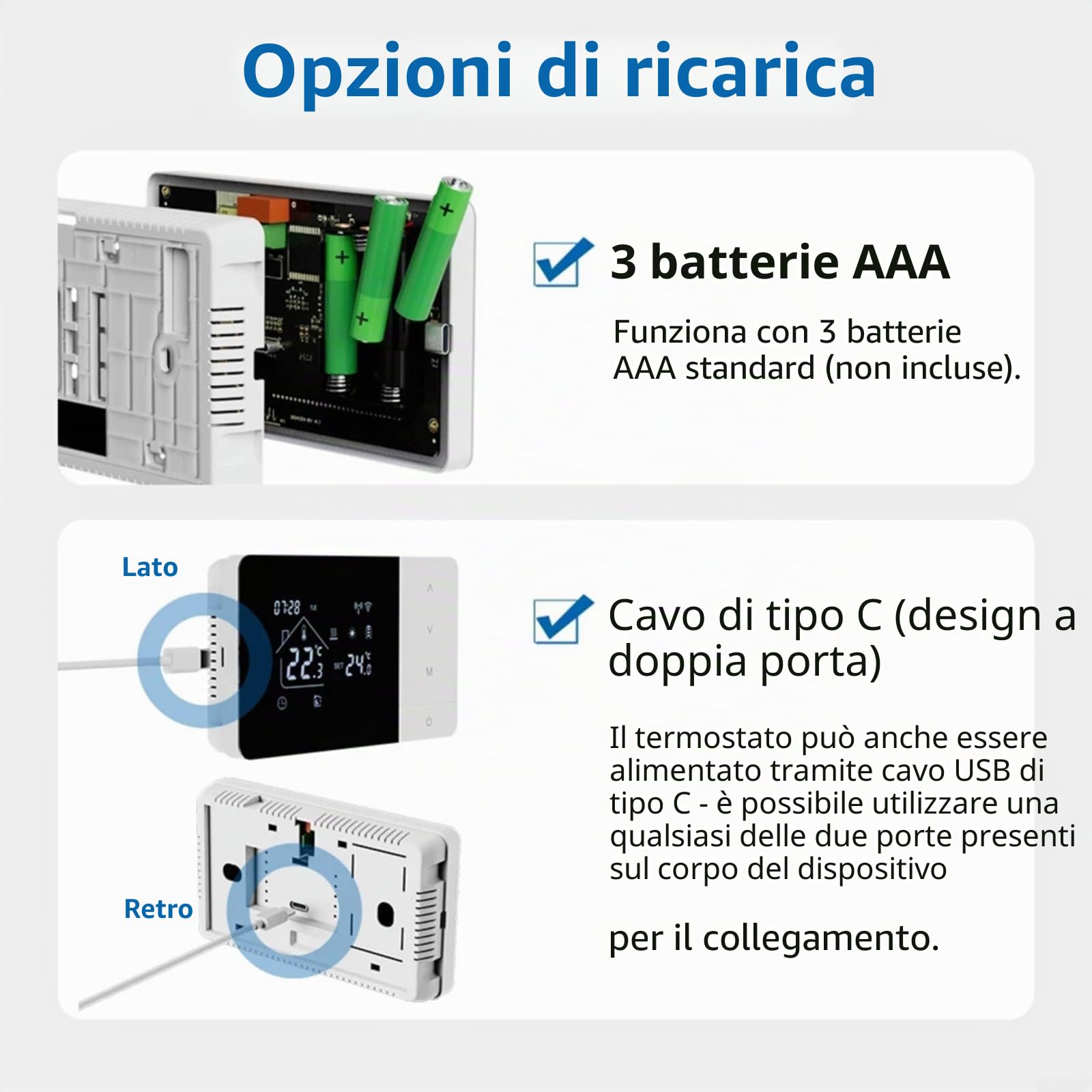 Termostato programmabile WiFi con modalità di riscaldamento e raffreddamento, app e controllo vocale compatibile con Tuya per Smart Life e Alexa per caldaie a gas, alimentato a batteria o USB, nero e