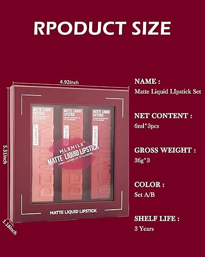 Miniatura 8 de Juego de lápices labiales líquidos mate, 3 unidades, tinte de tinte de labios de alta pigmentación, brillo labial de terciopelo mate, hasta 16 horas