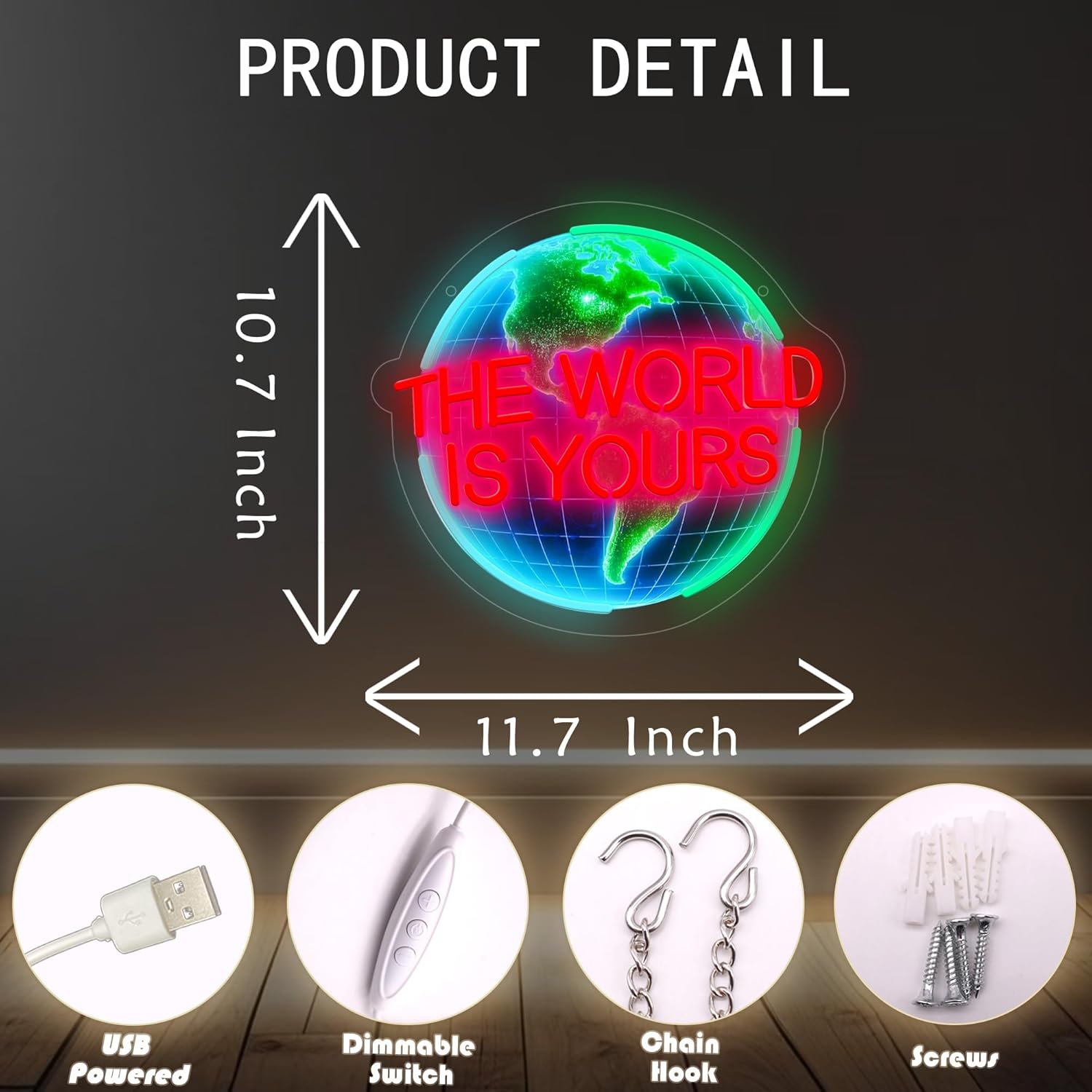 The World Is Yours Neon Sign, LED Wall Sign for Bedroom, Game Room & Bar Decor, Bright Acrylic Neon Sign for Parties, Modern Neon Signs for Wall Decor Men, USB Powered Motivational LED Sign - Image 3