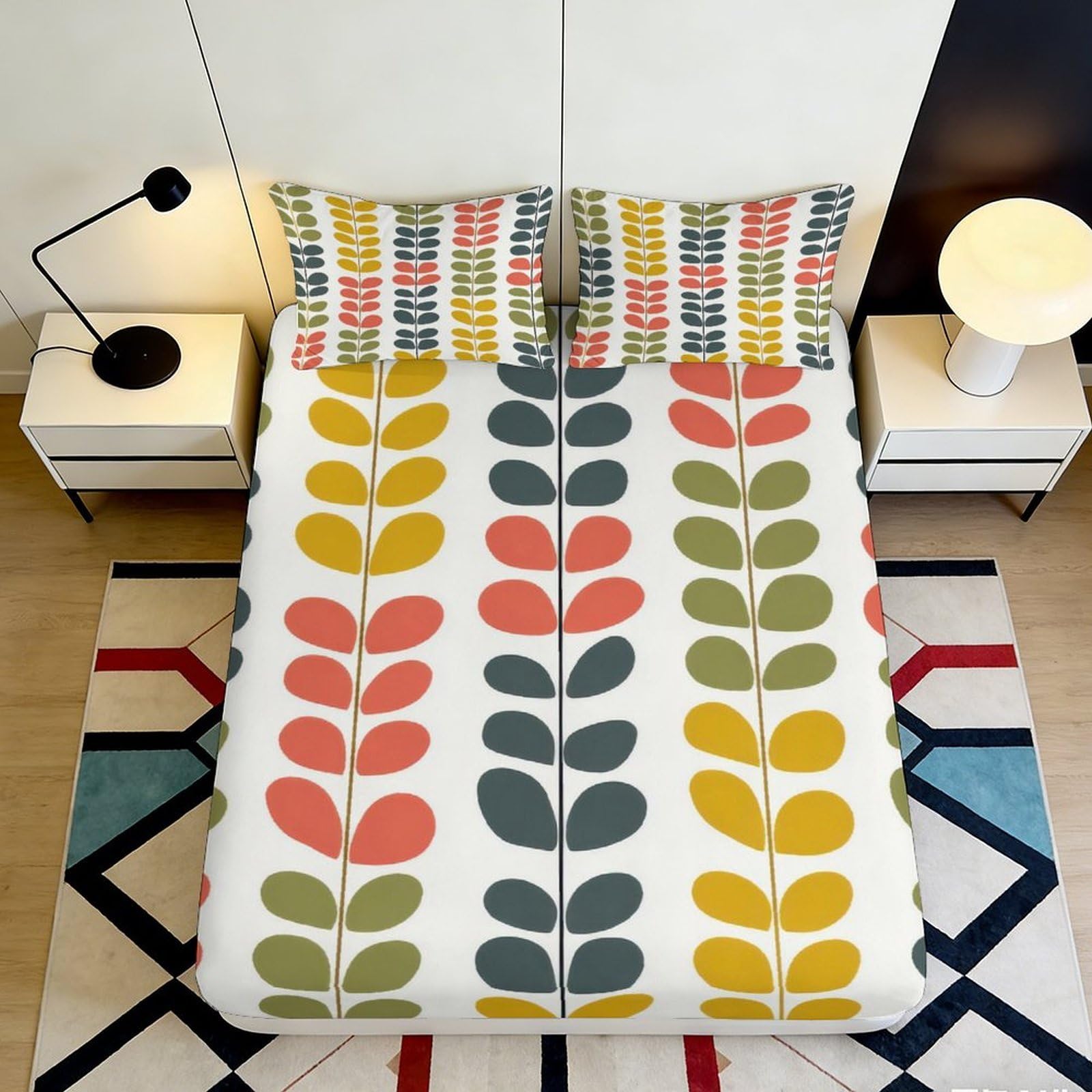 Dhbaneiok Style-6 3D Printed Retro Leaf Fitted Sheet Microfiber Multicolour Modern Geometric Mattress Cover For Bedroom Dorm Decor 90X200x25cm