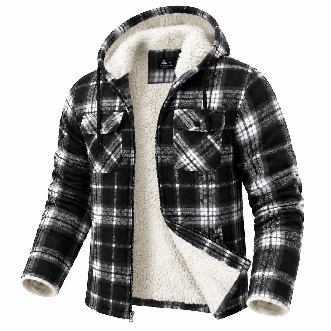 Men's Flannel Shirts Jacket Sherpa Lined Plaid Zipper Hoodie