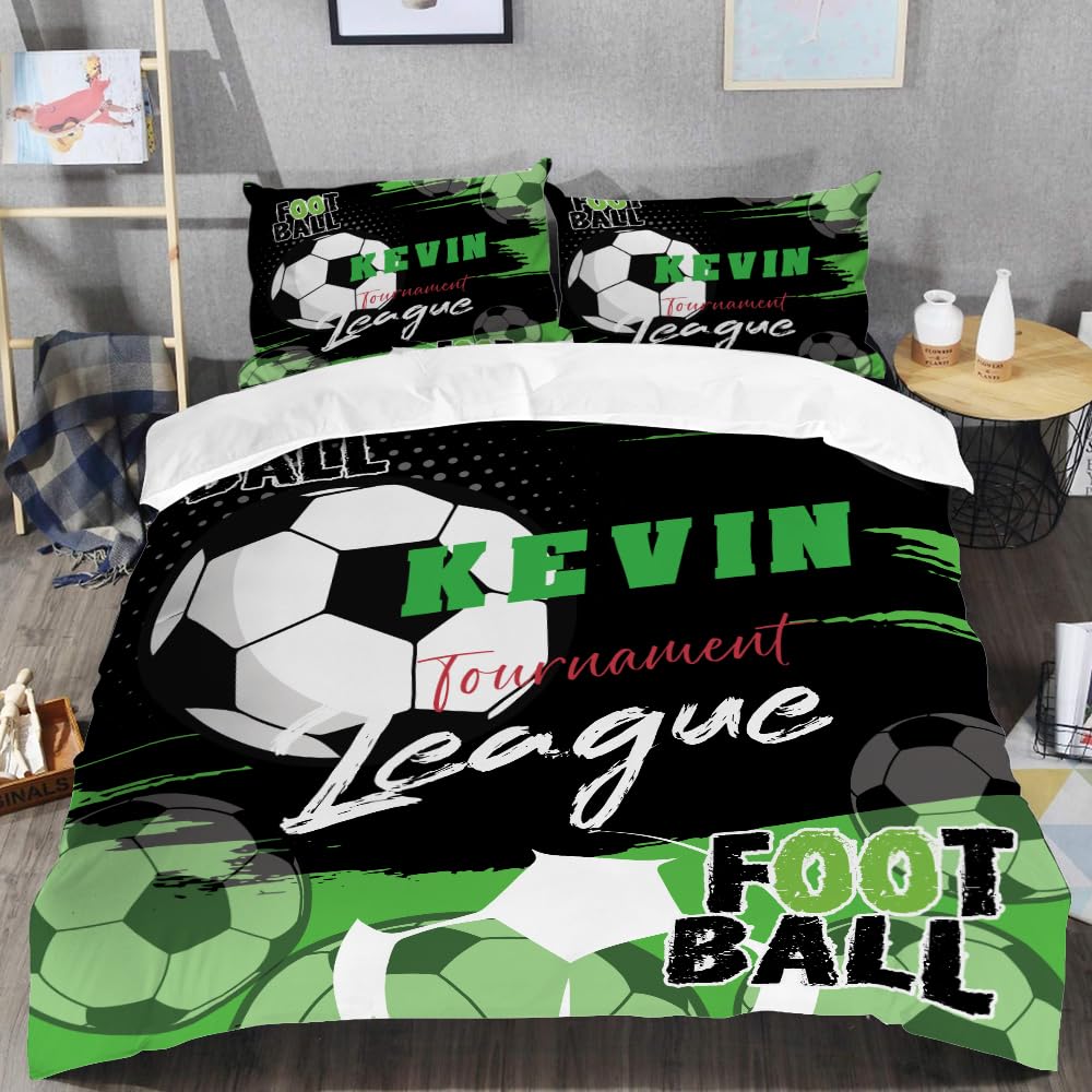Personalized Twin/Full Size Soccer Bedding Set - Green Comforter With Name for Boys, Gift for Players, Soccer Pattern Bed Set