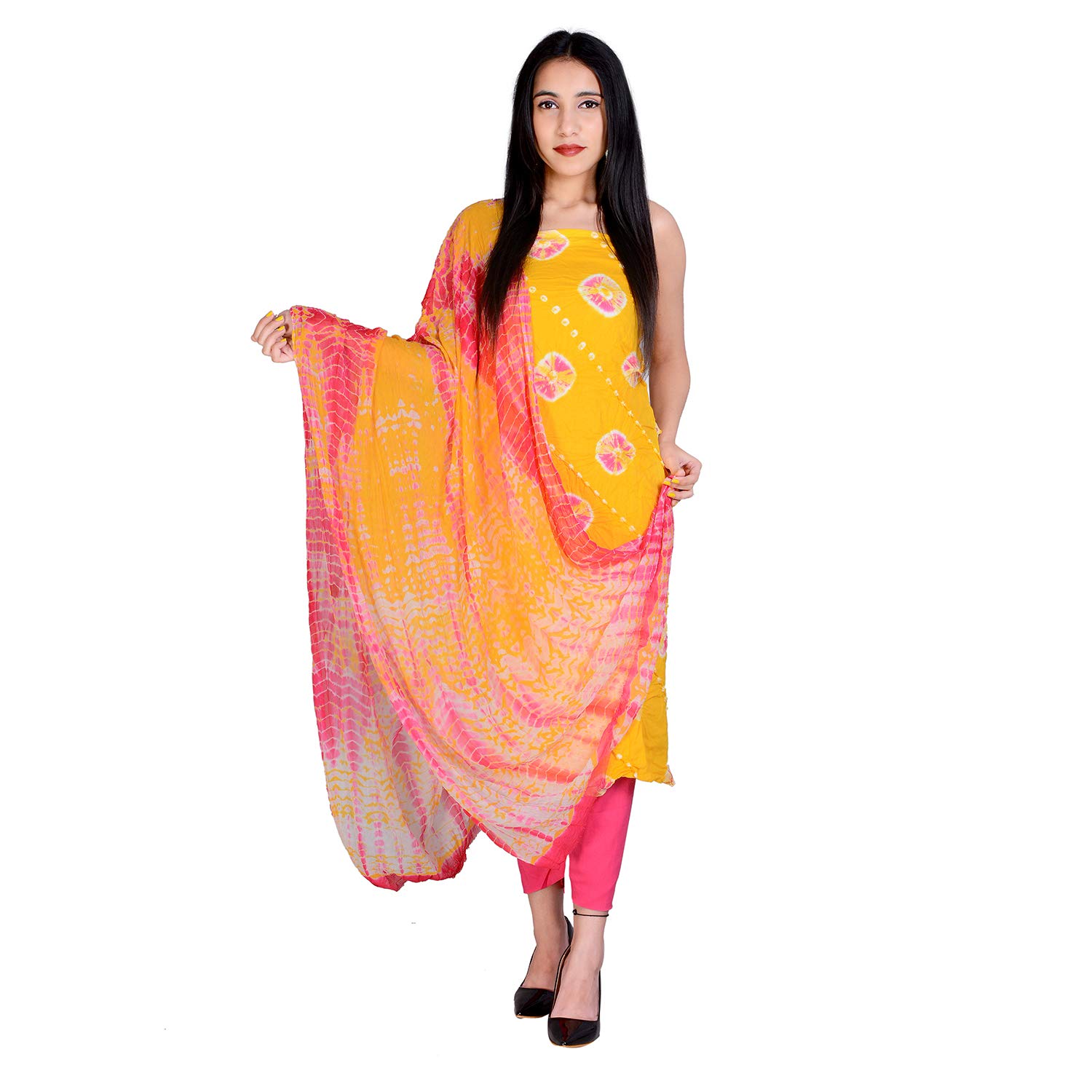 GenericIndian Handicraft Palace Woman/Girl Salwar Kameez Suit Cotton Dress Fabric with Dupatta - Salwar Kameez Dress Material Pink Yellow