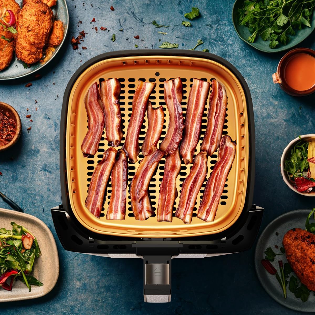 Imagem superior do produto com fundo azul e elementos de comida. Imagem superior do produto com fundo azul e elementos de comida.