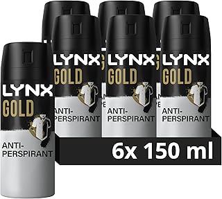 Lynx Gold Anti White Marks Anti-Perspirant Deodorant Spray pack of 6 72 hour protection against odour and wetness no fuss aerosol for all-day freshness 150 ml