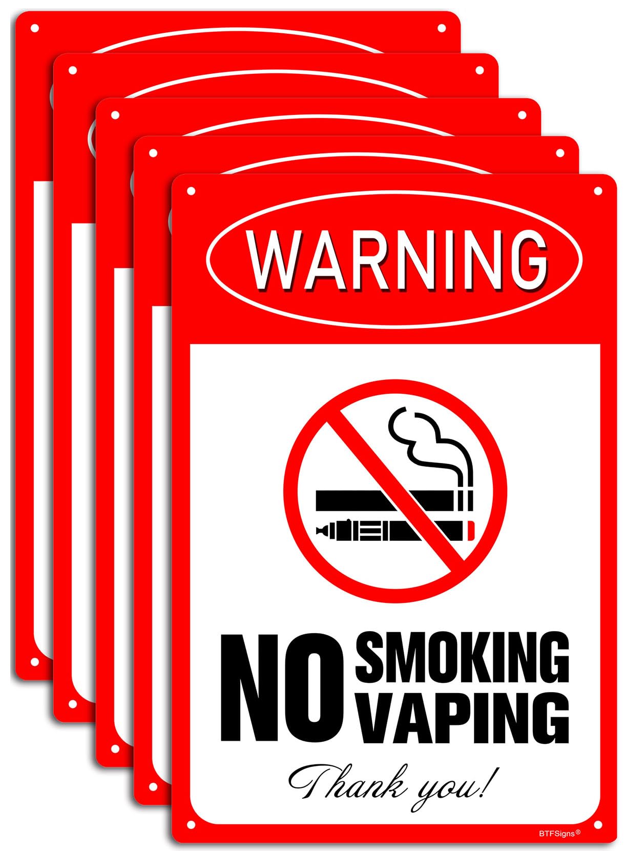 (5 pack) No Smoking No Vaping Thank You Sign, 8"x12" Aluminum Warning Signs Conspicuous Red 4 Pre-drilled Holes