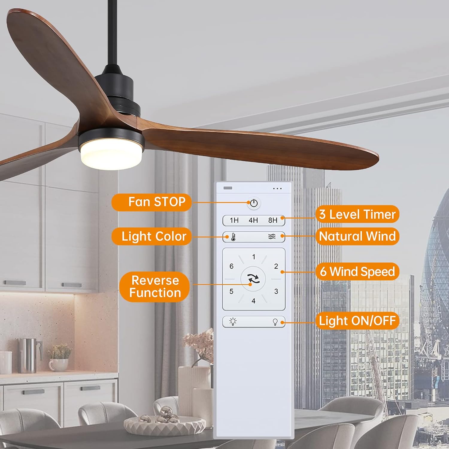 60'' Wood Ceiling Fan with Light Remote Control,Dimming Light and 6 Speed Reversible Quiet DC Motor,Walnut