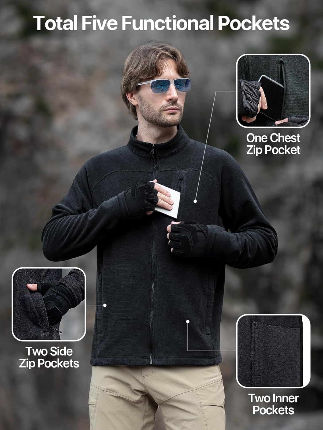 FREE SOLDIER Men's Tactical Long Sleeve Fleece Jacket Full Zip Up Coat Lightweight Fleece Jacket With Pockets - Image 2