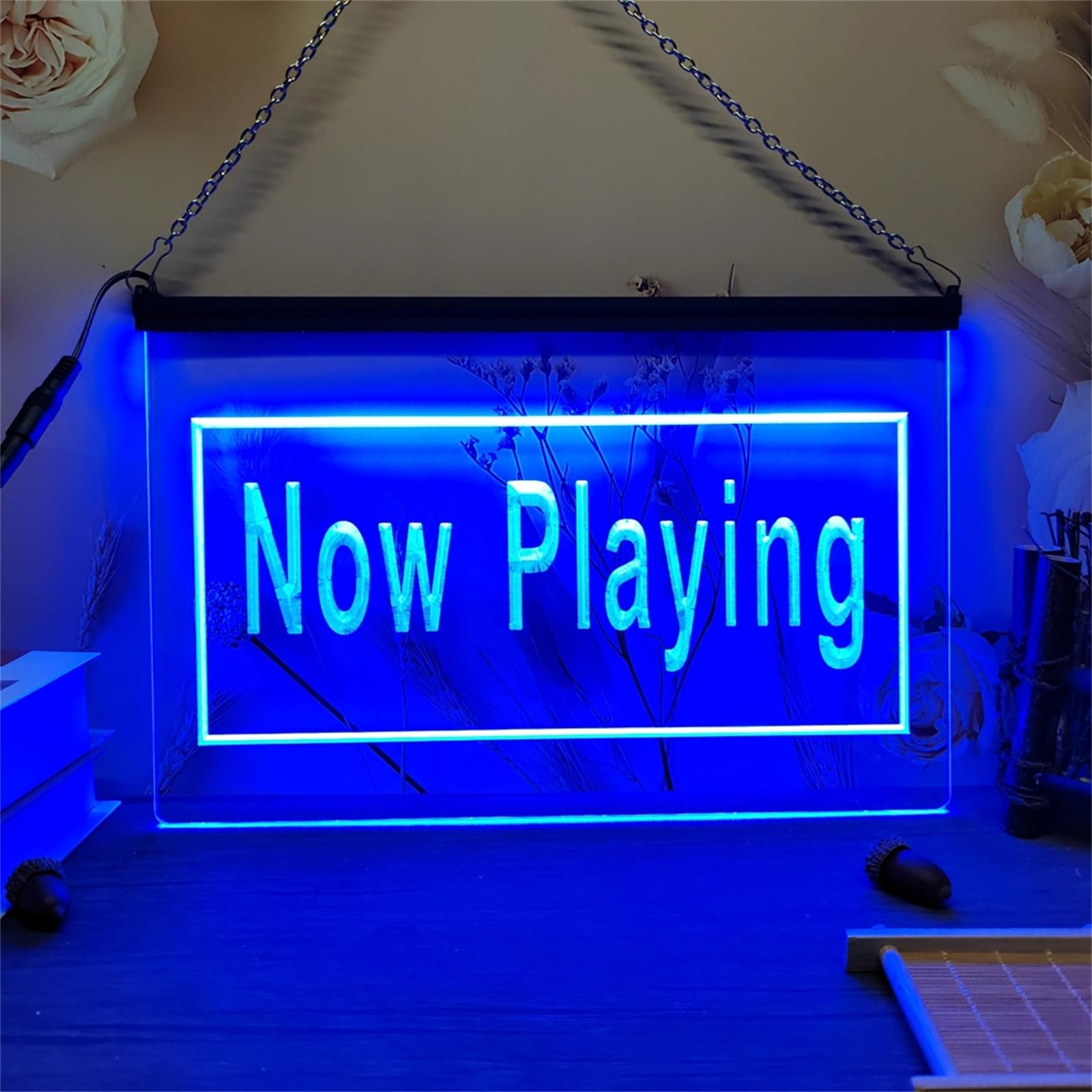 Now Playing Neonowy szyld do dekoracji ścian – ściemniane neonowe światła LED z zasilaniem USB, idealne do studia nagraniowego, kina, salonu lub studia muzycznego,Blue,40x30cm