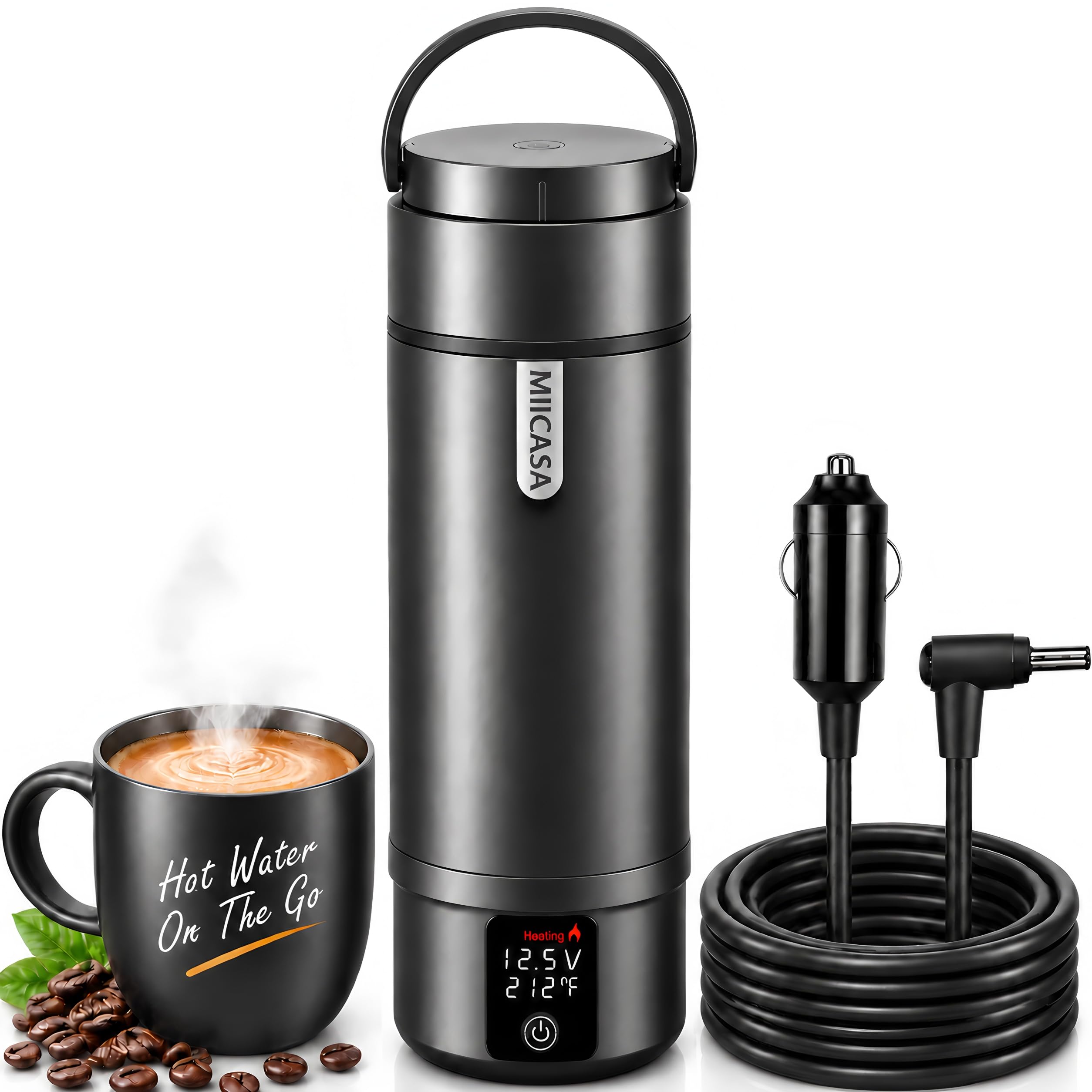 Vacuum Insulated Car Electric Kettle,Miicasa Stainless Steel Tumbler Car Water Heater,12V/24V Water Boiler with 6 Temperature and Auto Shut-Off Boil Dry