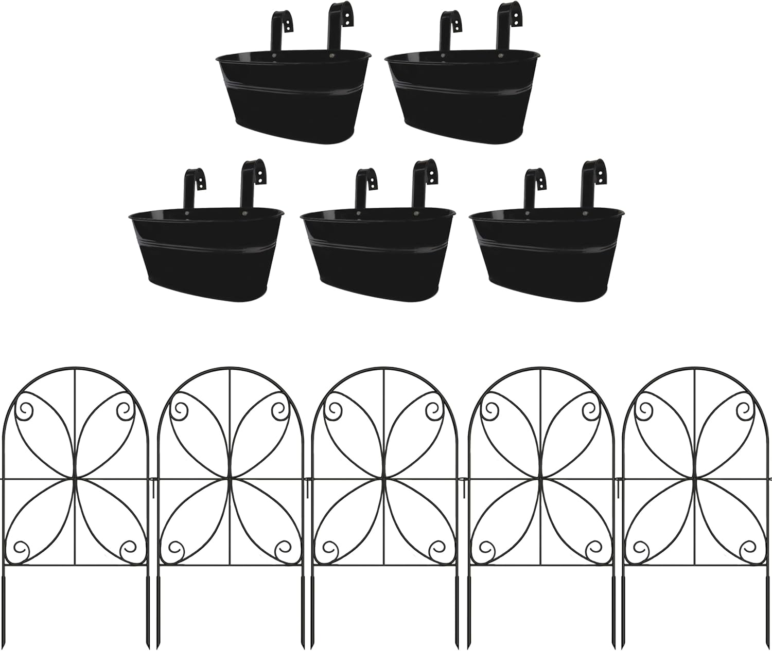 LaLaGreen Bundle- 5 Pack, 11.8 Inch Black Metal Pots + 10 Pack, 24 Inch Decorative Garden Fence Modern Hanging Plant Holder Flower Landscape Edging Rustproof Outdoor Patio Yard No Dig Animal Barrier