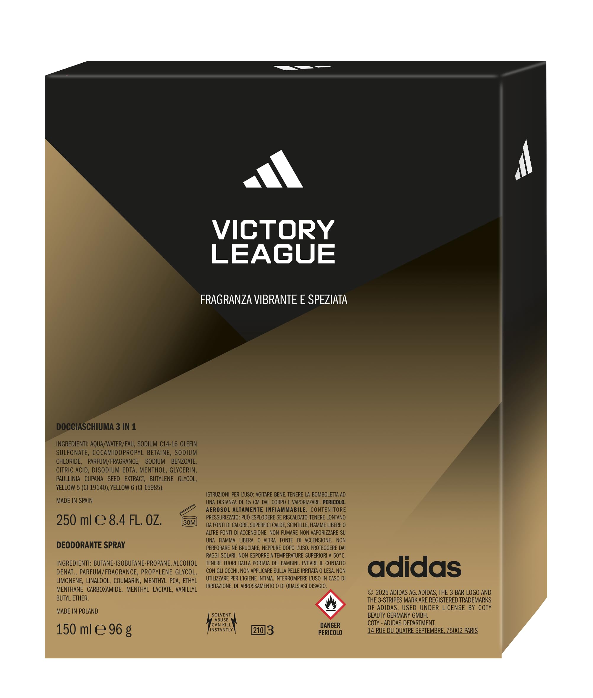 adidas, Cofanetto Regalo Victory League, Deodorante Spray per il corpo 150ml e Docciaschiuma 3 in 1 250ml