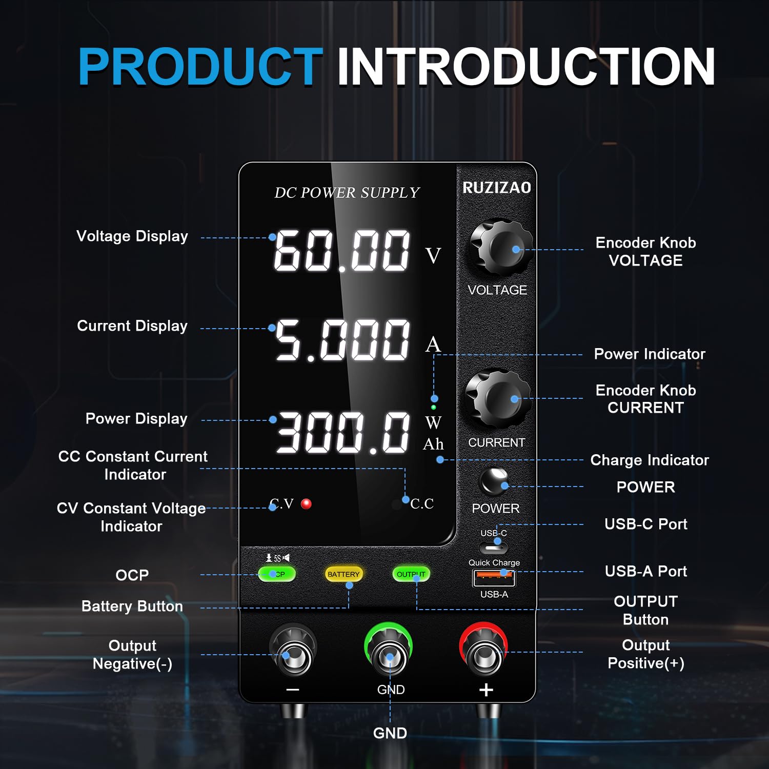 Alimentation de Laboratoire 60V 5A 300W Encodeur et Affichage LED à 4 Chiffres Alimentation Stabilisée Réglable Pour Chargement de Batterie 6~48V Alimentation de Encoder Output Ah affichage