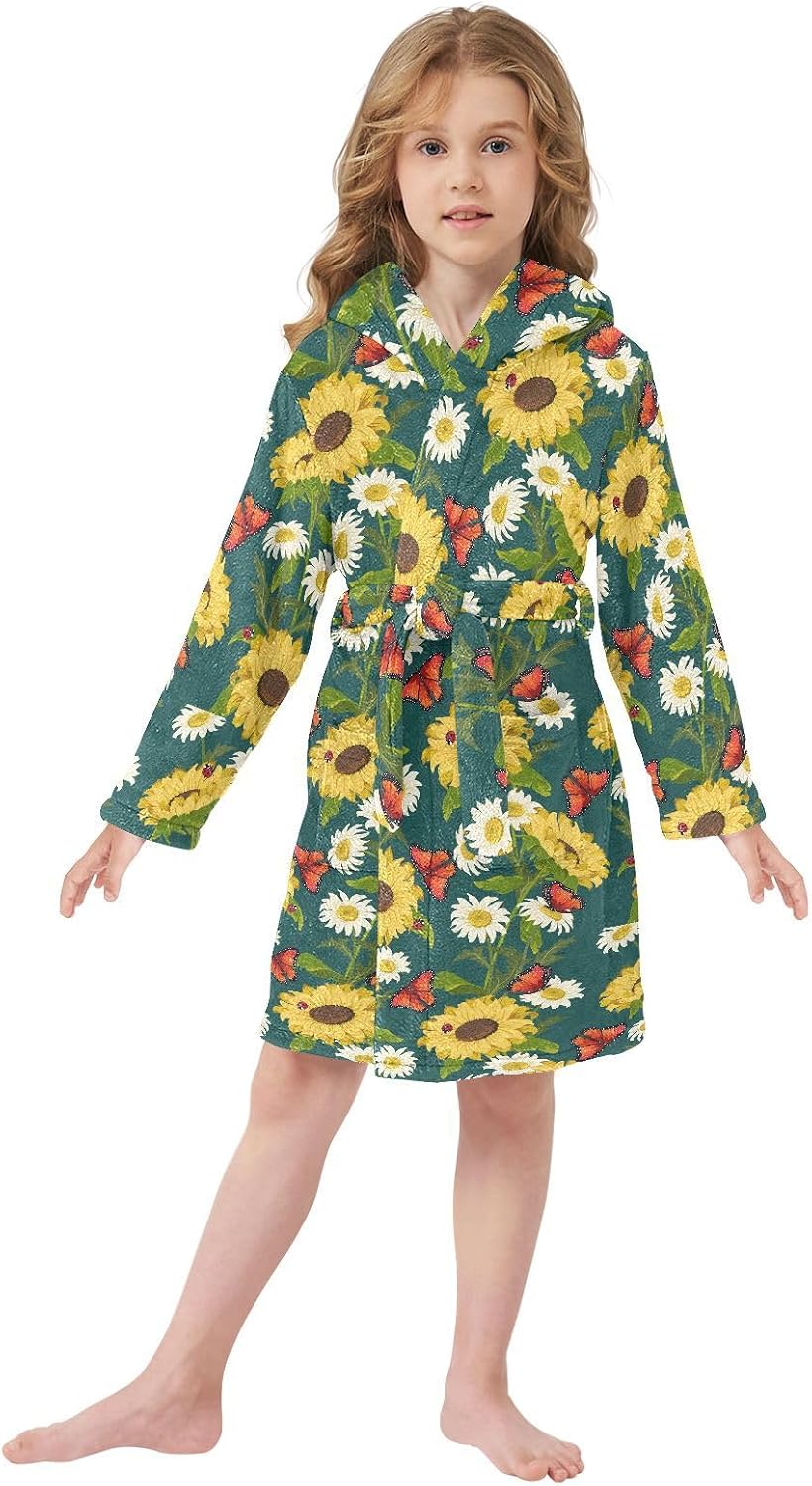 senya Sunflower Daisy Butterflies Toddler Hooded Bathrobe Kids Soft Plush Bath Towel Robes for Boys Girls 2-12 Years