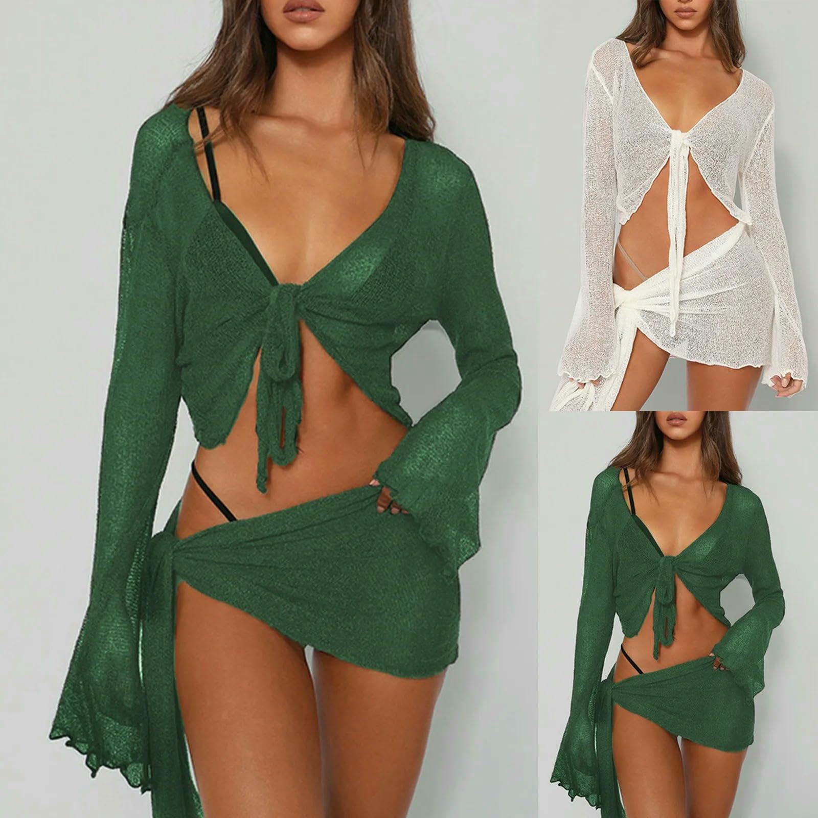 Sukienka plażowa Bikini Cover Up kobiety długie rękawy Sheer Mesh 2 sztuki kostium kąpielowy plaża okrycie sukienka krawat węzeł bandaż crop top zielony-m